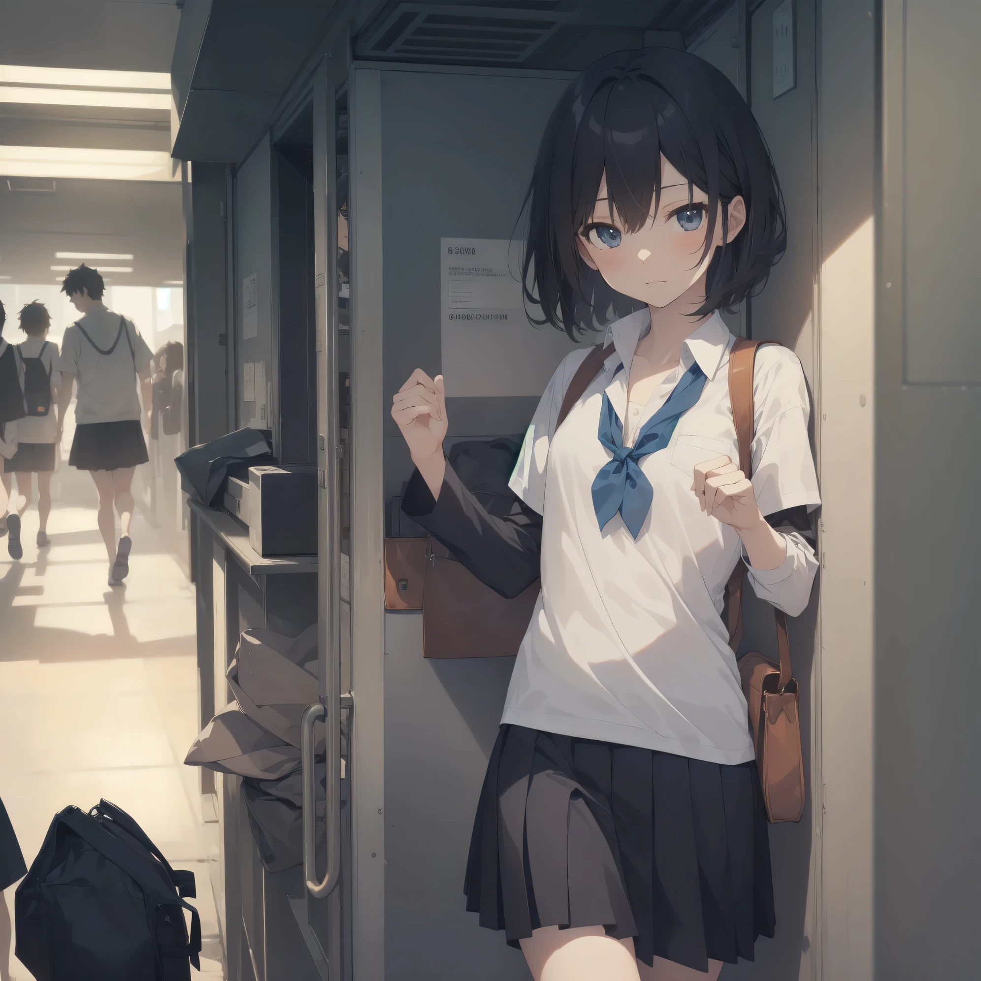 ultra-absurdres-Top quality by artist God, ultra-detailed, high resolution, anime moe artstyle, best anime 8k konachan wallpaper, pixiv contest winner, pool:2810, perfect ???????,break, 1girl, (Please draw a girl walking sleepily to school alone. )break,(Solo,little female, 13-year-old:1.3),Full limbs, complete fingers,a junior high school student,  (very short hair), short cut, flat chest, , small butt, small black eyes, beautiful detailed eyes, well-proportioned iris and pupils, expressive eyes, highres detailed hair, soft expression, school_uniform, neckerchief, collared shirt.  pleated skirt,(Detailed Lighting), (Detailed background), in the School commute route. break,super detailed skin, Best cinematic lighting powered by famous artist, 8k,beauty illustration,photoshop_(medium),very aesthetic,break,((artist:modare )), artist:bolze ,artist:oyari_ashito ,artist:kantoku ,