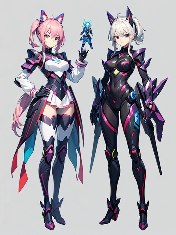 A mother transforms into a hero robot and a daughter transforms into a super robot,
 Cute and pretty,
 Full Body Shot,
 My daughter transformed into a weapon、My mother has it,
 Before after