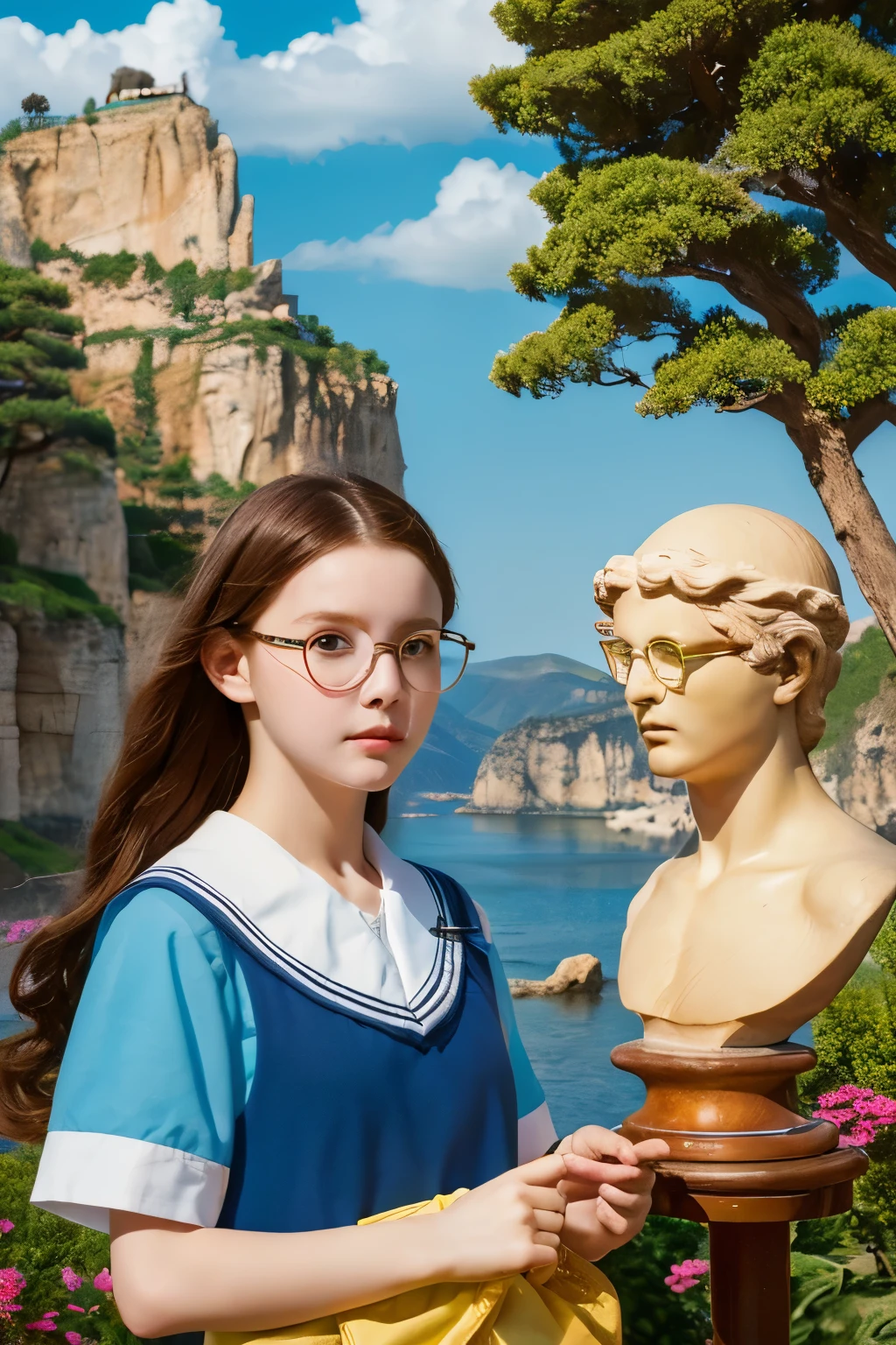(8k, highest quality, masterpiece:1.2),(highest quality:1.0), (Ultra-high resolution:1.0）、Surrealist Landscape、egg、Ancient Greek statue in the background、A cute elementary school girl of half Russian and half Japanese descent、Glasses、