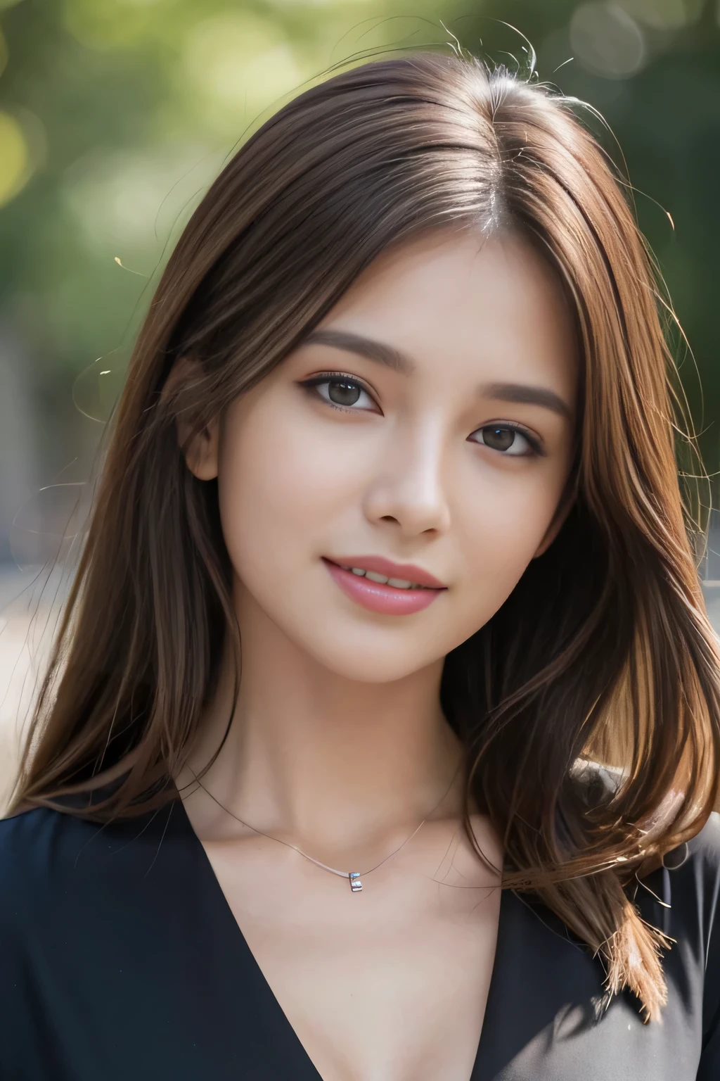 (highest quality,8k resolution,Very detailed,High resolution,Realistic photos:1.2),Beautiful woman,Light brown messy hair,Wear a black shirt with an open collar.,Sharp focus,Perfect dynamic composition,Beautiful and detailed,Thinning hair,Skin texture is detailed and realistic.,smile,Close-up photo,Statue