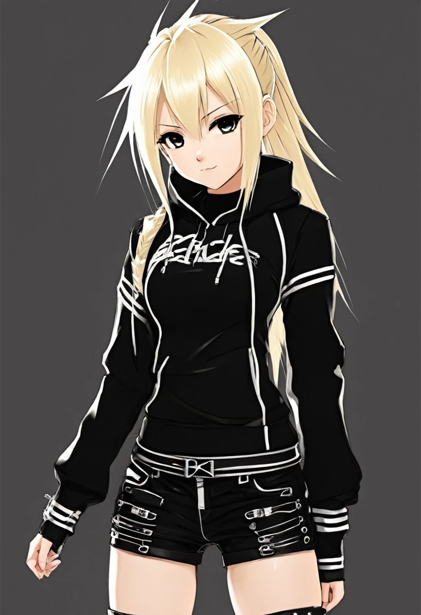 A cute girl with spiky blonde hair in black clothes with white details, anime style, HD