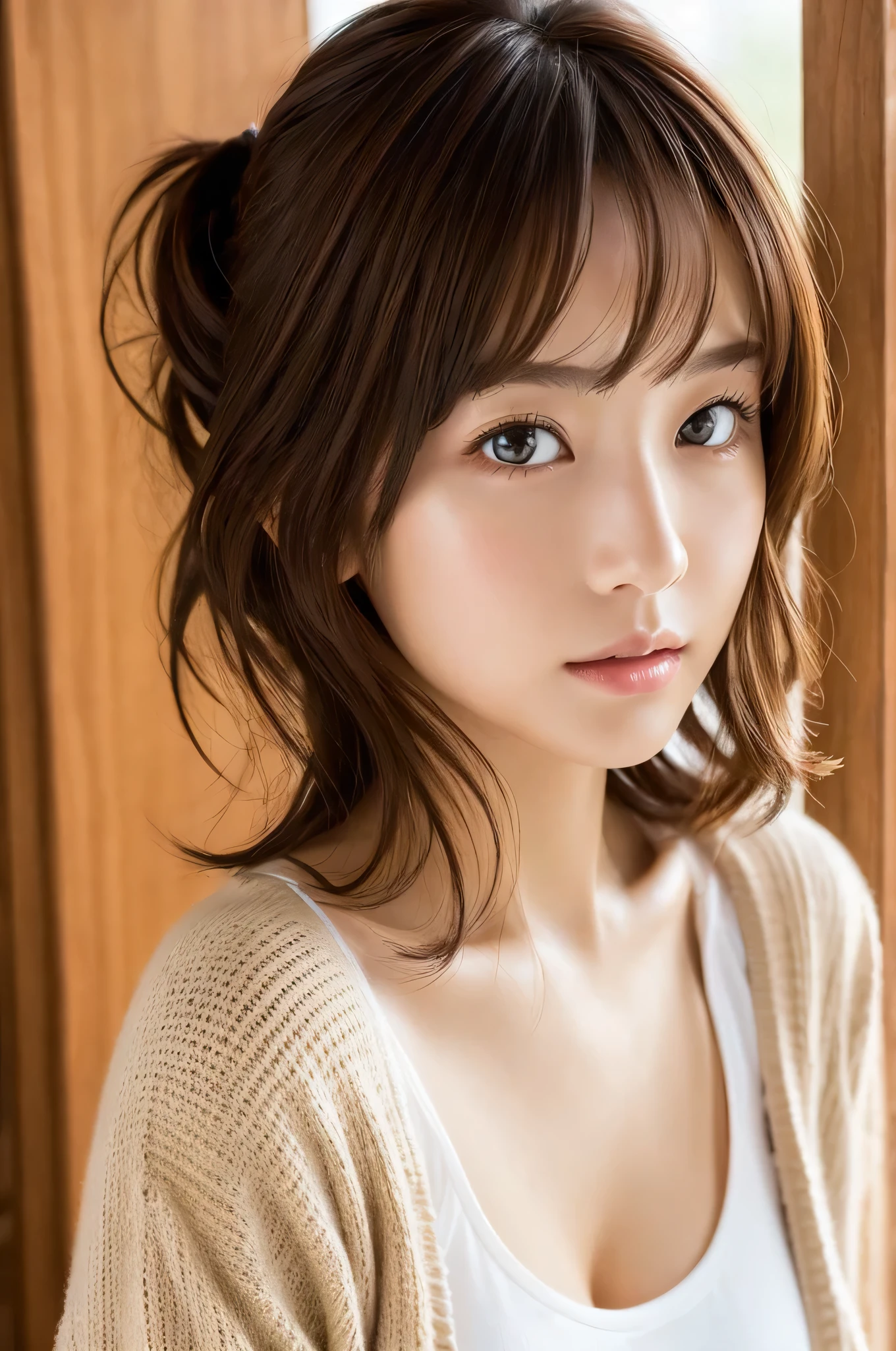 8k, highest quality, masterpiece, Realistic, Photorealistic, Ultra-detailed, Natural light, Highly detailed face and skin, Detailed eyes, Highly detailed face and skinの中間ショット, Beautiful woman staring at camera, Sexy pose, Beautiful Face, Realistic Face, Detailed face, Beautiful hairstyle, Realistic eyes, Fine grain, Realistic Skin, Detailed skin, Beautiful Skin, Charm, Ultra-realistic, Sexy Cardigan, kind, Brown Hair, Cute Japanese Girl, whole body