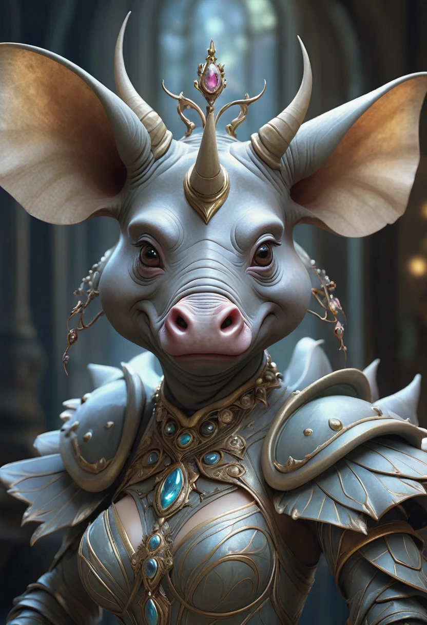 Brian Froud Inspired Gorgeous Alien Creature That Looks Like A Cross Between A Firby And A Rhino Wearing Dress Of Fur. Graceful. Elegant. Awe Inspiring. Official Art, Award Winning Digital Painting, Digital Illustration, Extreme Detail, 4k, Ultra Hd, Rococo, Polished, Intricate, Realistic Fantasy Art, Sharp Focus, Concept Art, Art By Wlop, Artgerm, (2d Vector Illustration)