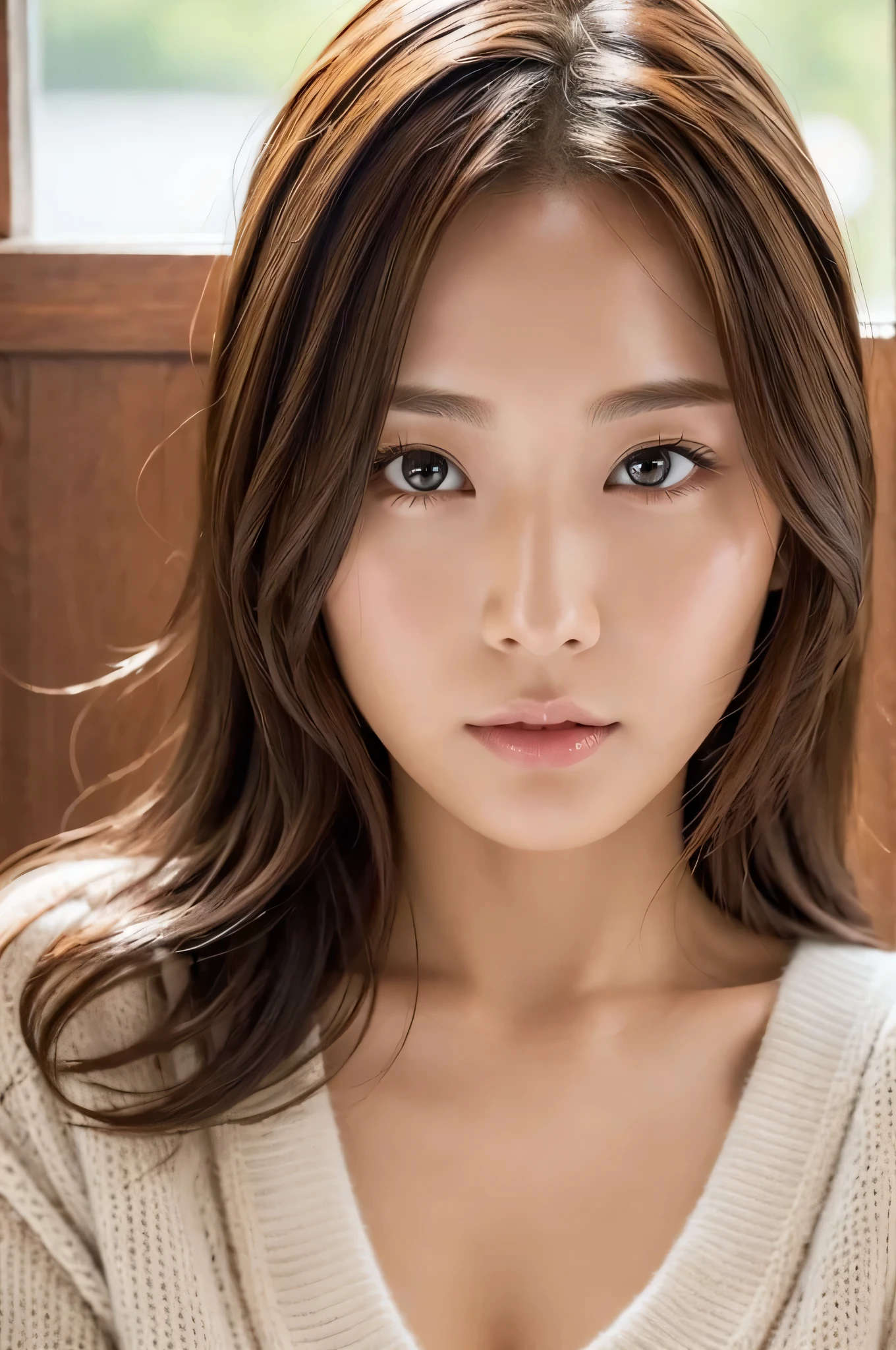 8k, highest quality, masterpiece, Realistic, Photorealistic, Ultra-detailed, Natural light, Highly detailed face and skin, Detailed eyes, Highly detailed face and skinの中間ショット, Beautiful woman staring at camera, Sexy pose, Beautiful Face, Realistic Face, Detailed face, Beautiful hairstyle, Realistic eyes, Fine grain, Realistic Skin, Detailed skin, Beautiful Skin, Charm, Ultra-realistic, Sexy Cardigan, kind, Brown Hair, Cute Japanese Girl, whole body