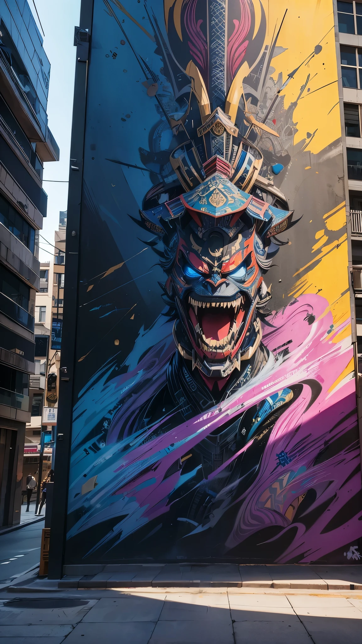 ground shot view, GRAFFITI DRAWING OF A SAMURAI ON THE WALL OF A BUILDING, grafiti style, beautiful picture, absurd amount of detail, SPRAY PAINT, (graffiti wall)、UTRA DETAILED ARMOR, ULTRA DETAILED SWORD, hyper-detailed art、award-winning work, IMPACTFUL VISUAL, refined pixel, outdoor ARTWORK, CINEMATIC LIGHTING, ARTISTIC DETAILS, DYNAMIC SHADOWS ,ATMOSPHERIC EFFECTS, GRAFITI TEXTURES, HIGH-DEFINITION, IMMERSIVE ENVIRONMENT, SUBTLE COLOR GRADING, AUTHENTIC ATMOSPHERE, DETAILED TEXTURES, award winning ARTWORK, MASTERPIECE ARTWORK, trending on artstation, HDR, UHD, 32K, BY EDUARDO KOBRA.