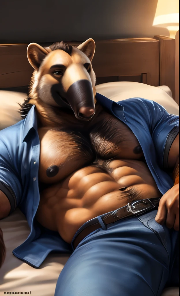 (((Anteater))), (((open shirt))), ((blue jeans pants)), (((full body portrait))), showing pecs, showing chest, male, solo, adult, muscular abs, big pecs, nipples, older, detailed muscles, strong muscles, huge muscles, brown hair, (((lying down in bed))), (bedroom background), detailed face, smiling, muscular chest, muscular, (happy face), looking at viewer, bodybuilder body, hunk, beefy, night, body hair, hairy chest, by bruteandbrawn, by personalami, by chunie, by kenket, (intricate, high detail, film photography, soft focus, RAW candid cinema, photorealism, realistic, photorealistic, analog style, subsurface scattering, masterpiece, best quality, ultra realistic, 8k)