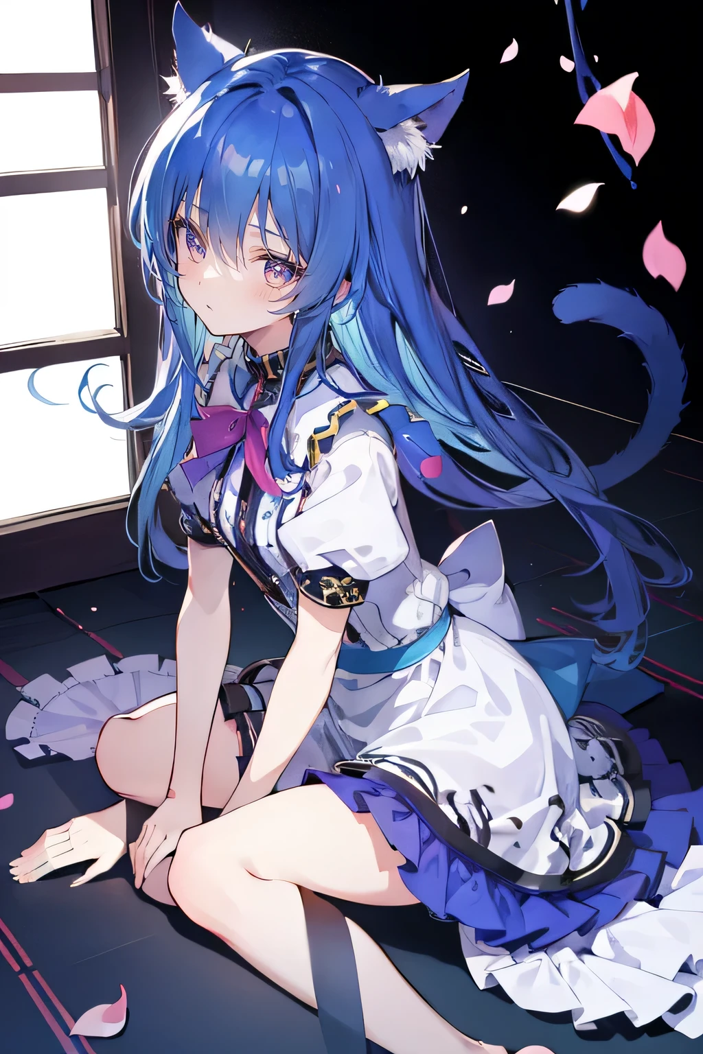 (masterpiece:1.2),ultra-detailed,realistic,expressive eyes,fair-skinned,perfectly shaped face,1girl,
Japanese cartoons,Gorgeous blue hair, flowing blue hair,floating clothes,cat ears,petals falling,beautiful Lola,Hina Angel,
hands on waist,gracefully sitting on the ground,legs crossed,gentle and serene background,cool and comfortable pavilion,shy face ,night .