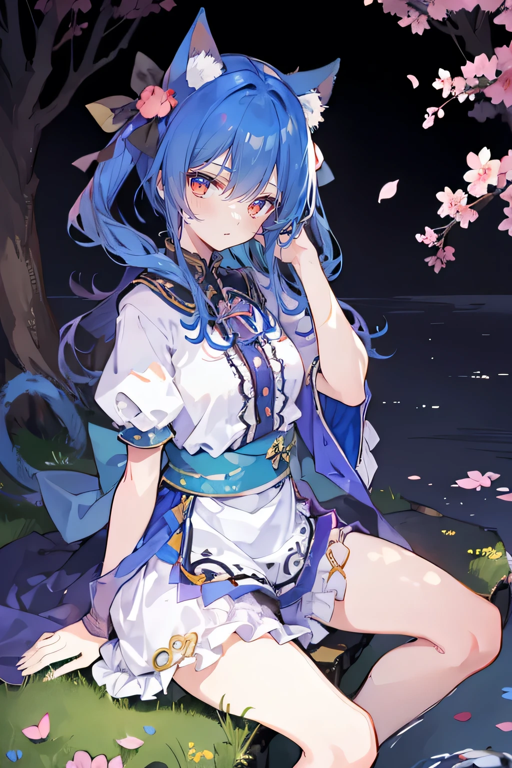 (masterpiece:1.2),ultra-detailed,realistic,expressive eyes,fair-skinned,perfectly shaped face,1girl,
Japanese cartoons,Gorgeous blue hair, flowing blue hair,floating clothes,cat ears,petals falling,beautiful Lola,Hina Angel,
hands on waist,gracefully sitting on the ground,legs crossed,gentle and serene background,cool and comfortable pavilion,shy face ,night .