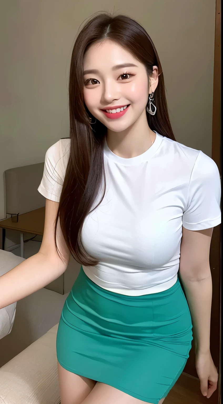 White tight shirt、White tight mini skirt、indoor、smile、Short sleeve、high resolution、Korean idol face、double eyelid、White teeth