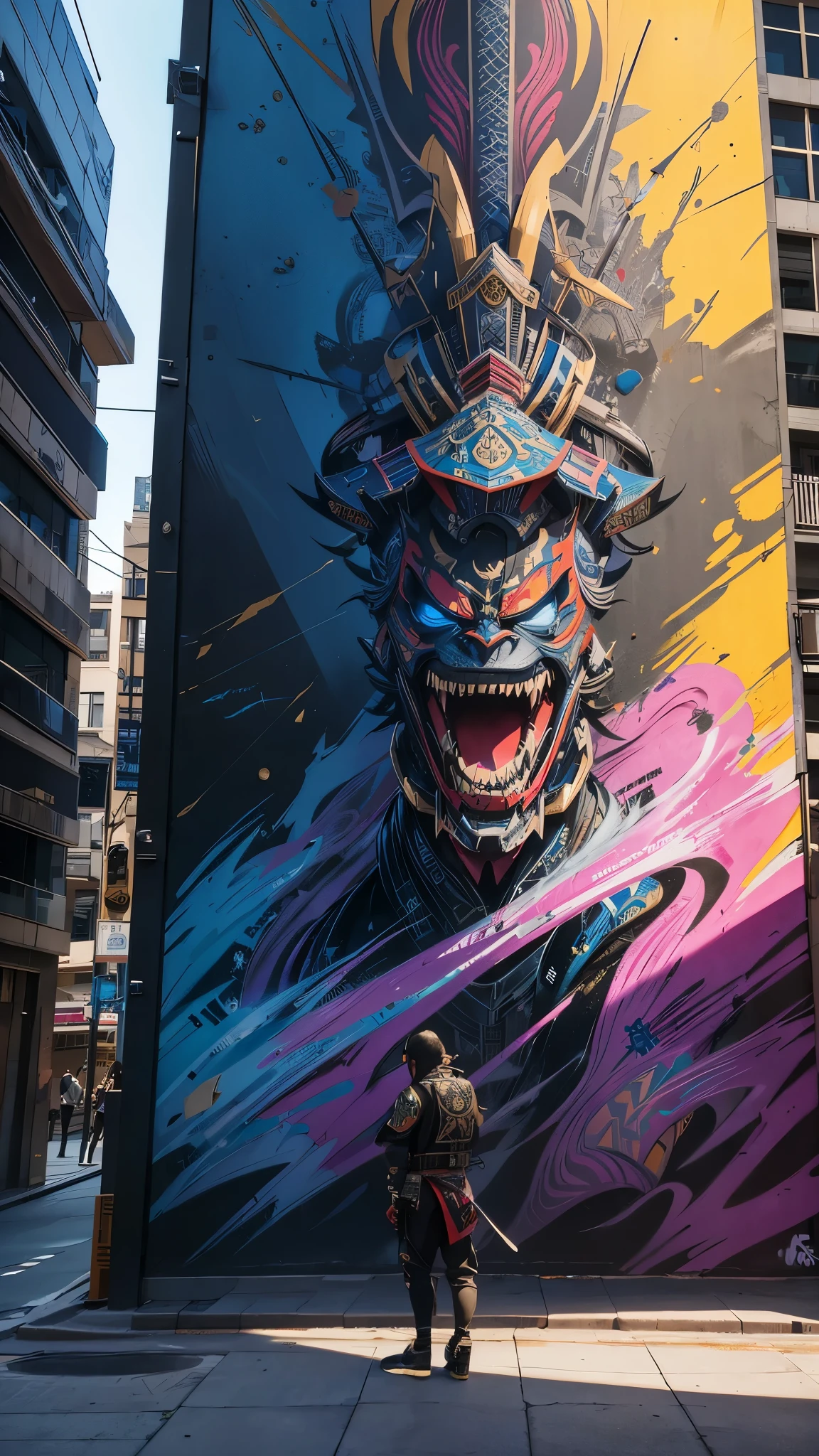 ground shot view, GRAFFITI DRAWING OF A SAMURAI ON THE WALL OF A BUILDING, grafiti style, beautiful picture, absurd amount of detail, SPRAY PAINT, (graffiti wall)、UTRA DETAILED ARMOR, ULTRA DETAILED SWORD, hyper-detailed art、award-winning work, IMPACTFUL VISUAL, refined pixel, outdoor ARTWORK, CINEMATIC LIGHTING, ARTISTIC DETAILS, DYNAMIC SHADOWS ,ATMOSPHERIC EFFECTS, GRAFITI TEXTURES, HIGH-DEFINITION, IMMERSIVE ENVIRONMENT, SUBTLE COLOR GRADING, AUTHENTIC ATMOSPHERE, DETAILED TEXTURES, award winning ARTWORK, MASTERPIECE ARTWORK, trending on artstation, HDR, UHD, 32K, BY EDUARDO KOBRA.