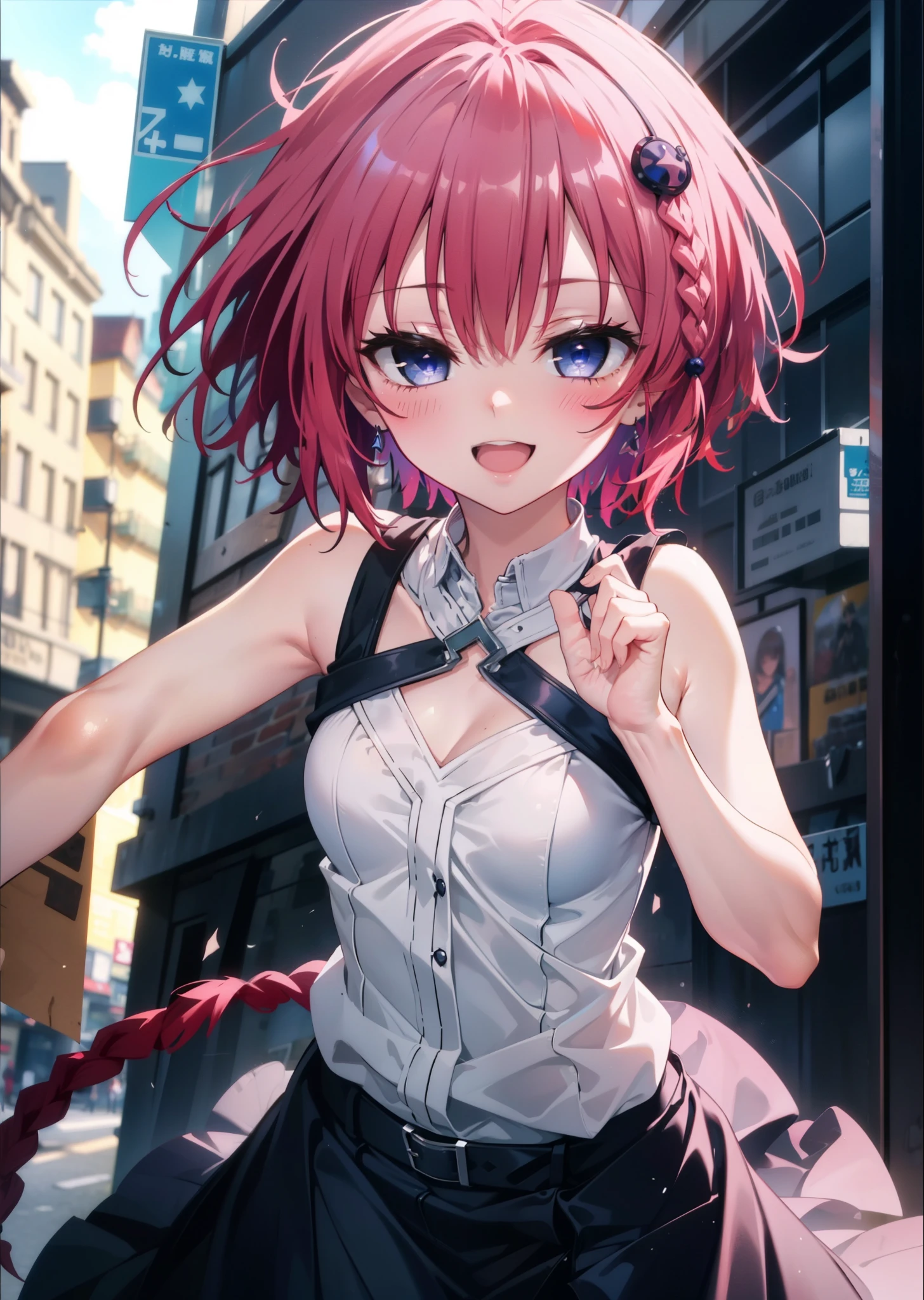 (masterpiece, highest quality:1.2),shape,8k,High resolution,kurosaki mea,Cowboy Shot,As if your whole body is in the illustration,1 girl,happy smile, smile, Open your mouth,Red hair,Long braids,Upper Body,(Portraiture:1.2),hair ornaments,smile,Purple eyes,Medium Chest,White Hair Band,ponytail,Sleeveless dress,Long skirt,Cute Sandals,happy smile, smile, Open your mouth,smile,blush, Building district (Cowboy Shot:1. 5),(masterpiece:1.2), highest quality, High resolution, unity 8k wallpaper, (shape:0.8), (Beautiful and detailed:1.6), Highly detailed face, Perfect lighting, Extremely detailed CG, (Perfect hands, Perfect Anatomy),