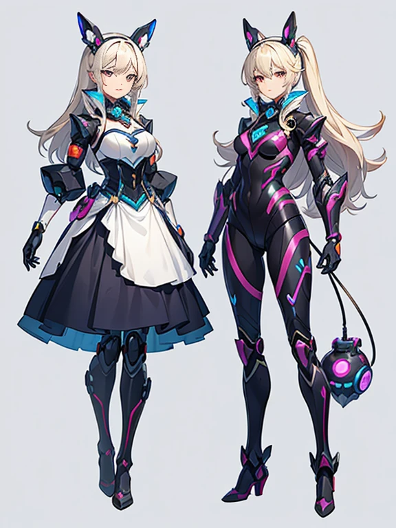 A woman who transformed into a hero robot and her pet who transformed into a support robot,
 Cute and pretty,
 Full Body Shot,
 Woman and pet combine to become one invincible female robot,
 Before after