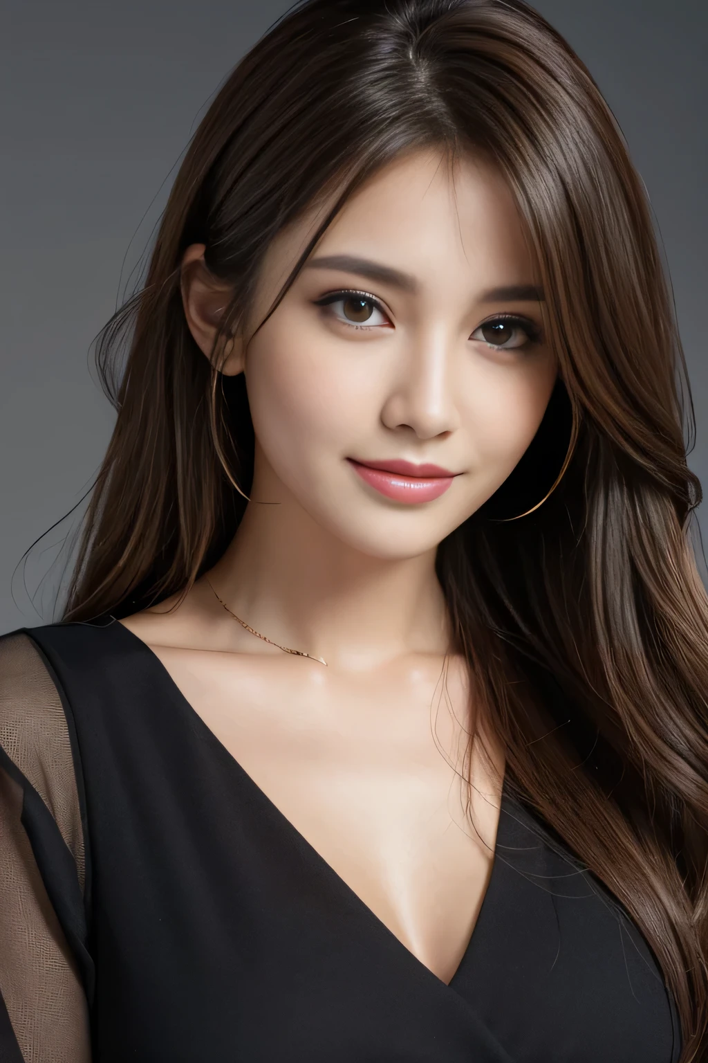Tabletop, highest quality, Realistic, Very detailed, finely, High resolution, 8k wallpaper, One beautiful woman,, Light brown messy hair, Wearing a black dress shirt with an open collar, Sharp focus, Perfect dynamic composition, Beautiful and beautiful eyes, Thin Hair, Detailed Realistic skin texture, smile, Close-up portrait, Model Body Type