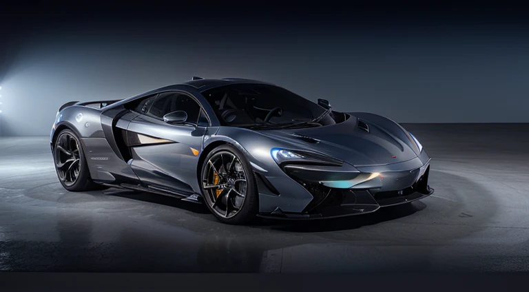a silver and blue sports car is shown in a well lit room, mclaren, mclaren f1, supercar, with sleek lines and a powerful, orange lights underneath the car, majestic and futuristic, chiron, ultra render, automotive photography, crisp smooth lines, hq 4k wallpaper, sleek flowing shapes, inspired by João Artur da Silva, concept matte, sportscar, hyper real render, super car