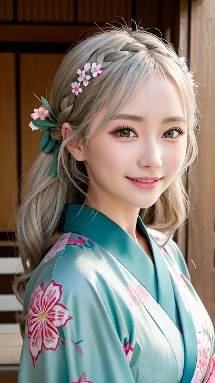 Beautiful silver-haired woman in a kimono、Gorgeous floral patterned kimono、My cute girlfriend is a kimono model..、Green Eyes、Beautiful smile、He is short、Braiding、hair ornaments、Colorful and showy kimono、