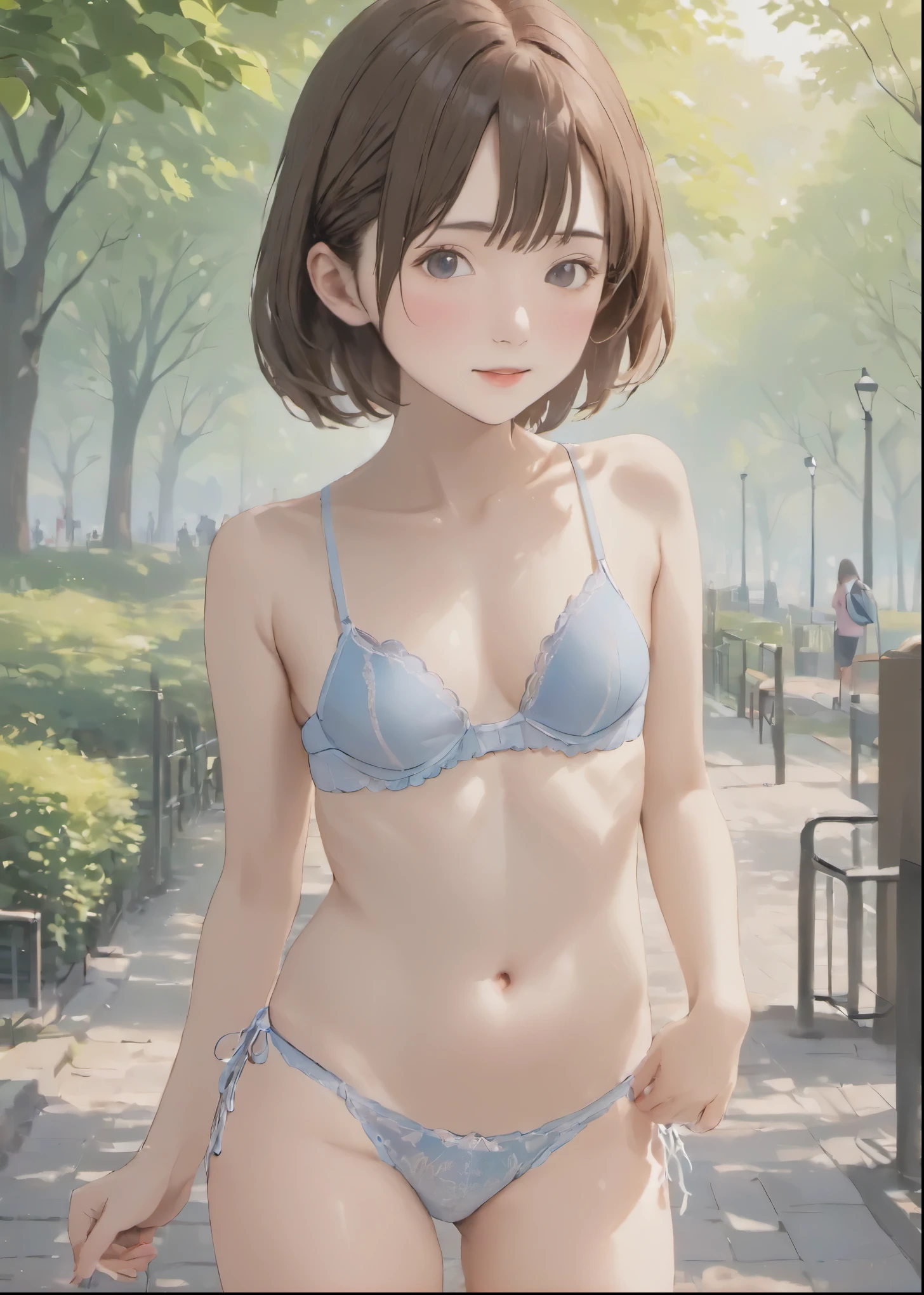 ((photorealistic background:1.5)),((Gravure idol pose:1.5)), (Small breasts:1.1), at the park, cute, Little, ergarteners, 5 heads, , (masterpiece, highest quality, 4K:1.2), ((One girl;1.3)), ((alone:1.0)), Beauty, cute, ((Sexy Underwear:1.3)), ((Thin panties:1.3)) , 