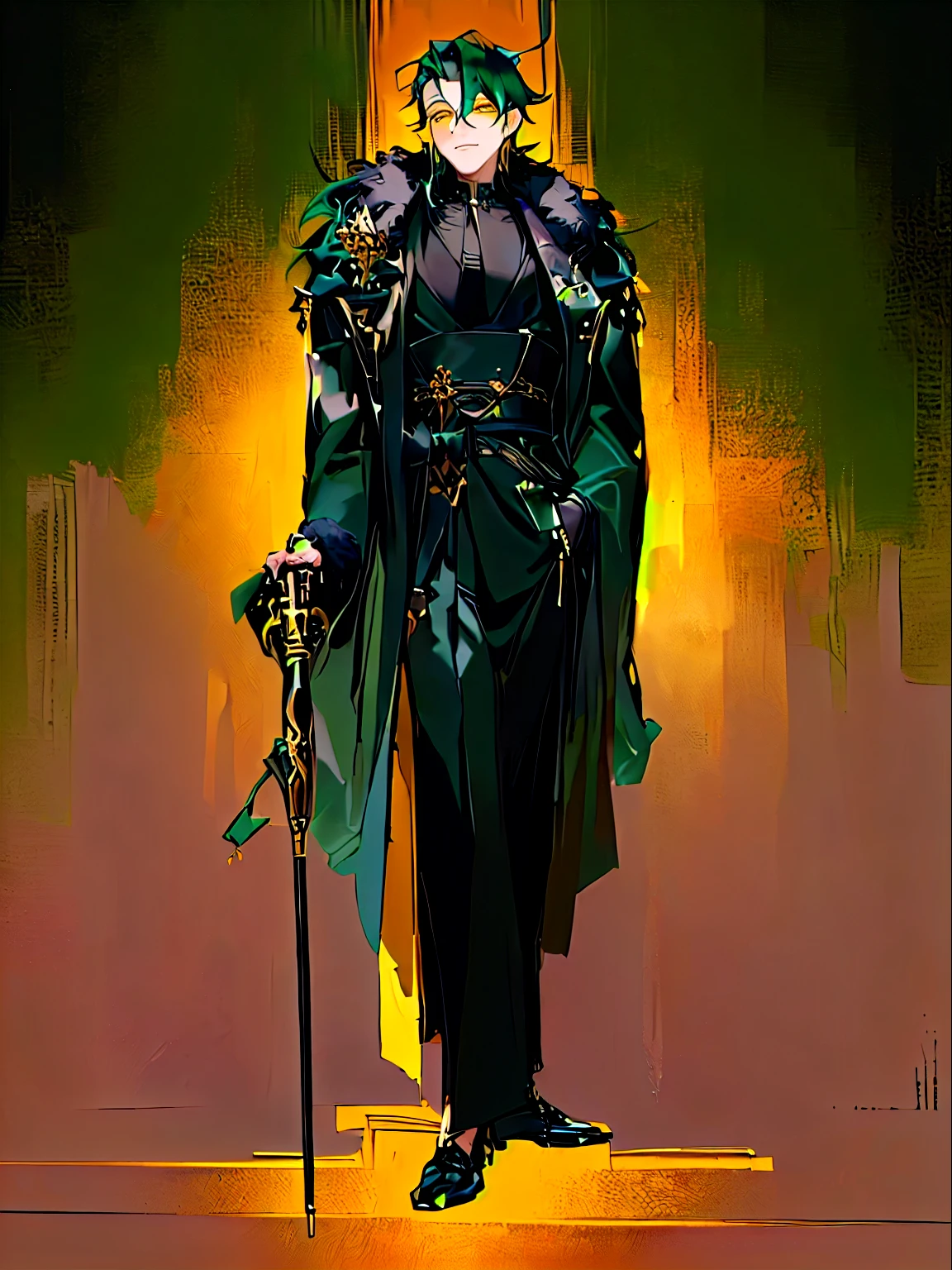 ((masterpiece)),(((best quality))), male, intricate details, solo , cane in hand, black clothes, dark green hair, noble clothes, robes, black robes, fur robe, smug look, yellow eyes, No tie  