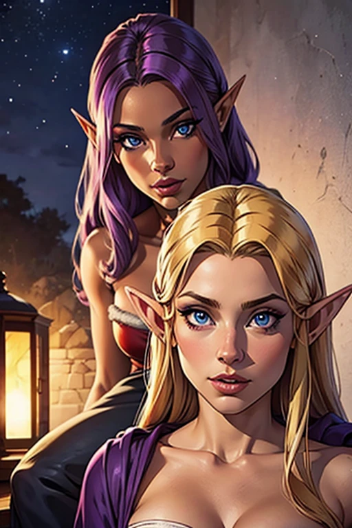 (masterpiece), best quality, expressive eyes, perfect face, 2 elf girls, one with purple hair and dark skin , the other with light skin blonde hair and blues, Christmas 