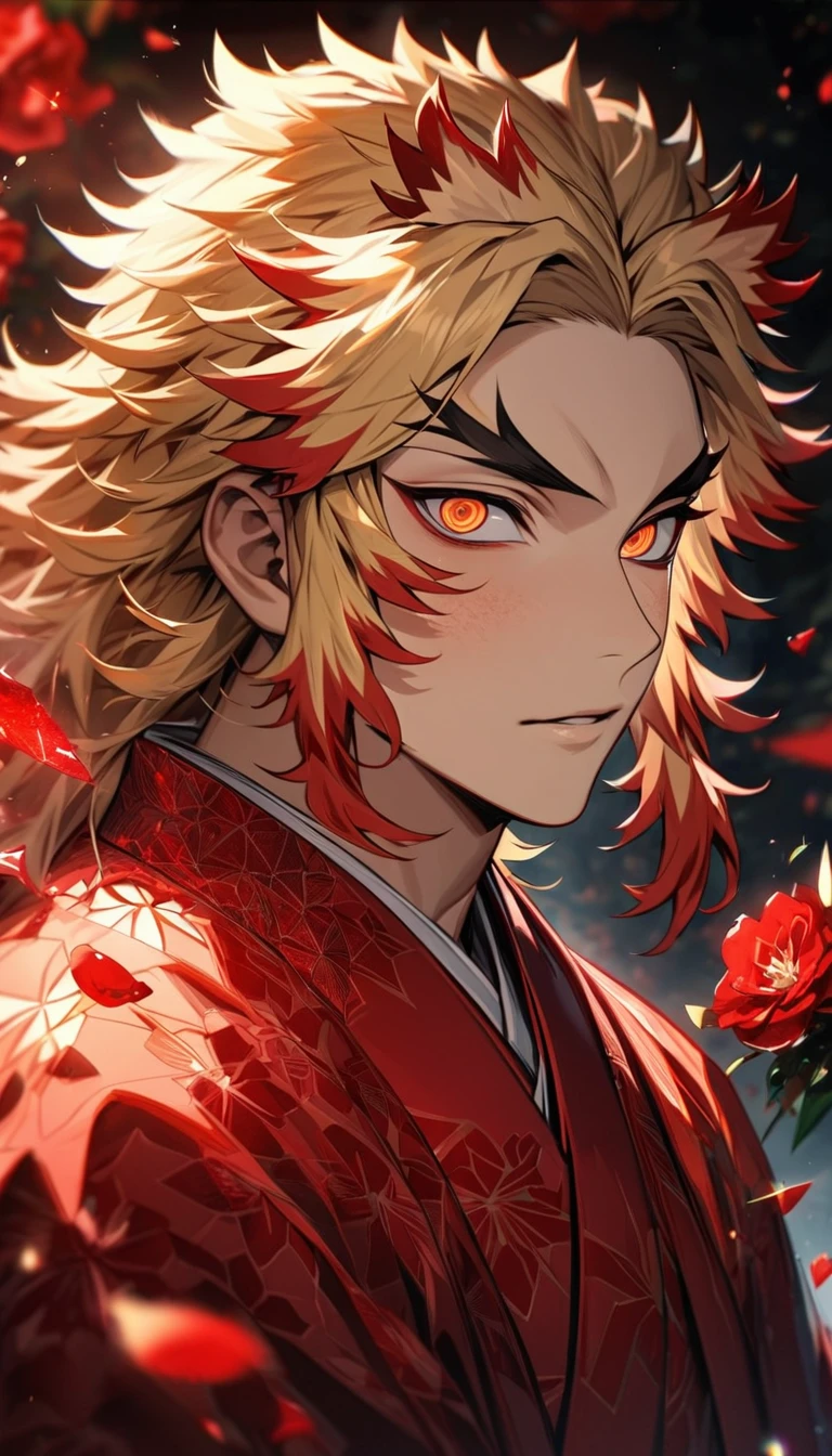 absurdres, highres, ultra detailed, HDR, master piece, best quality, extremely detailed face and eyes, perfect face, beautiful eyes, Rengoku Kyojuro, blond hair, expressive orange eyes, Kimetsu No Yaiba, solo, man, handsome, red ice butterflies, red ice, red ice roses, red ice petals