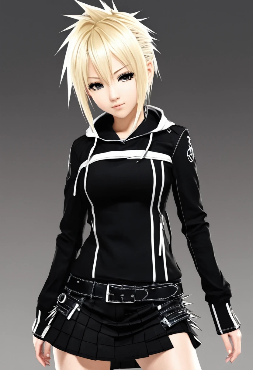 A cute girl with spiky blonde hair in black clothes with white details, anime style, HD