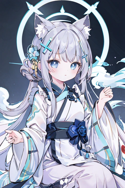 shiroko_bluearchive,beast ears,（masterpiece，Best quality：1.2），Implications，absurd，high resolution，Very detailed，1 ，eyes highlights，Hanfu，straight dress，Fluffy short sleeves，Frills，appearance，flowering，fluttering petals，Upper part of the body，（moon：1.2），night，Depth of Field，（:morality：0.8），
