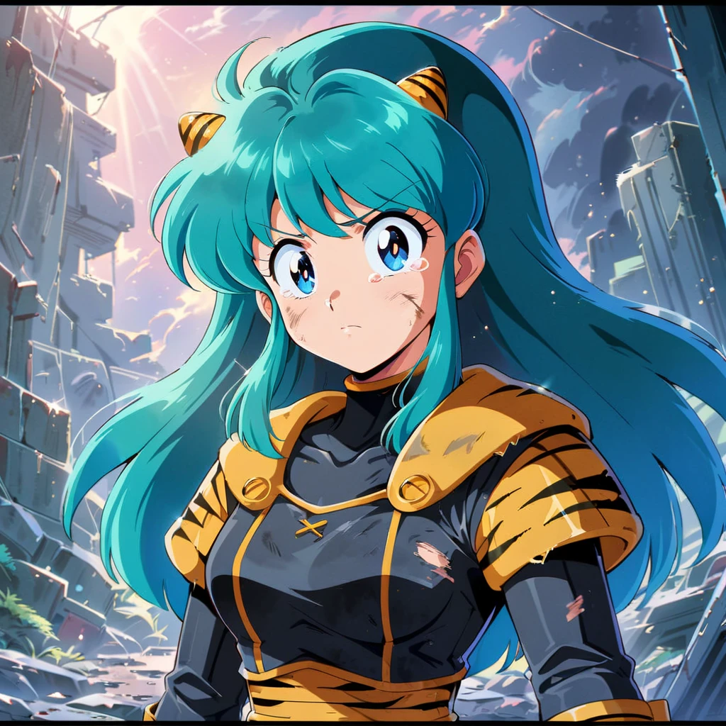 ((Lum)), Solo, blue-green hair, dirty aqua hair, (solo), bangs, long hair, blue eyes, dirty face, blood on the face, score_9, score_8_up, score_7_up, yellow tiny tiger-striped horns, wound, wicked, tears, retro anime girl, 80's anime vibe, 1980's anime style, 80's anime style, in the art style of 80's anime, 90s anime style, 90's anime style, 80's anime art style, wear power armor, X-01, Military, damaged, Destroyed background, Science fiction, Beautiful lighting, dappled sunlight, light particles, Best quality, 4k, 8k, highres, (masterpiece:1.4), ultra-detailed, upper body,