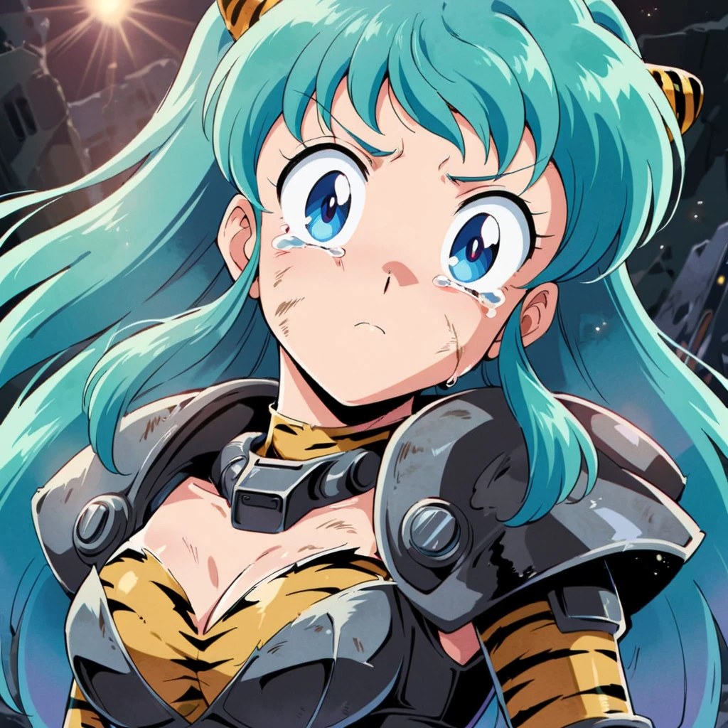 ((Lum)), Solo, blue-green hair, dirty aqua hair, (solo), bangs, long hair, blue eyes, dirty face, blood on the face, score_9, score_8_up, score_7_up, yellow tiny tiger-striped horns, wound, wicked, tears, retro anime girl, 80's anime vibe, 1980's anime style, 80's anime style, in the art style of 80's anime, 90s anime style, 90's anime style, 80's anime art style, wear power armor, X-01, Military, damaged, Destroyed background, Science fiction, Beautiful lighting, dappled sunlight, light particles, Best quality, 4k, 8k, highres, (masterpiece:1.4), ultra-detailed, upper body,