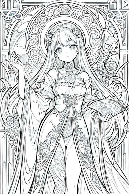 Imagine a Mucha-style coloring book for coloring books。It features a thick black outline。Bold line finish、Producing visuals that captivate the viewer。This style of rendering、Perfect for coloring books、Drawn down to the smallest detail、colorless、colorless