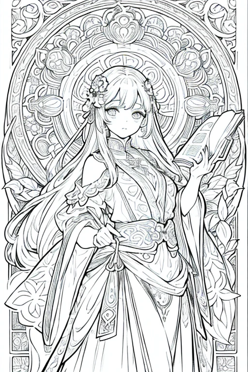 Imagine a Mucha-style coloring book for coloring books。It features a thick black outline。Bold line finish、Producing visuals that captivate the viewer。This style of rendering、Perfect for coloring books、Drawn down to the smallest detail、colorless、colorless