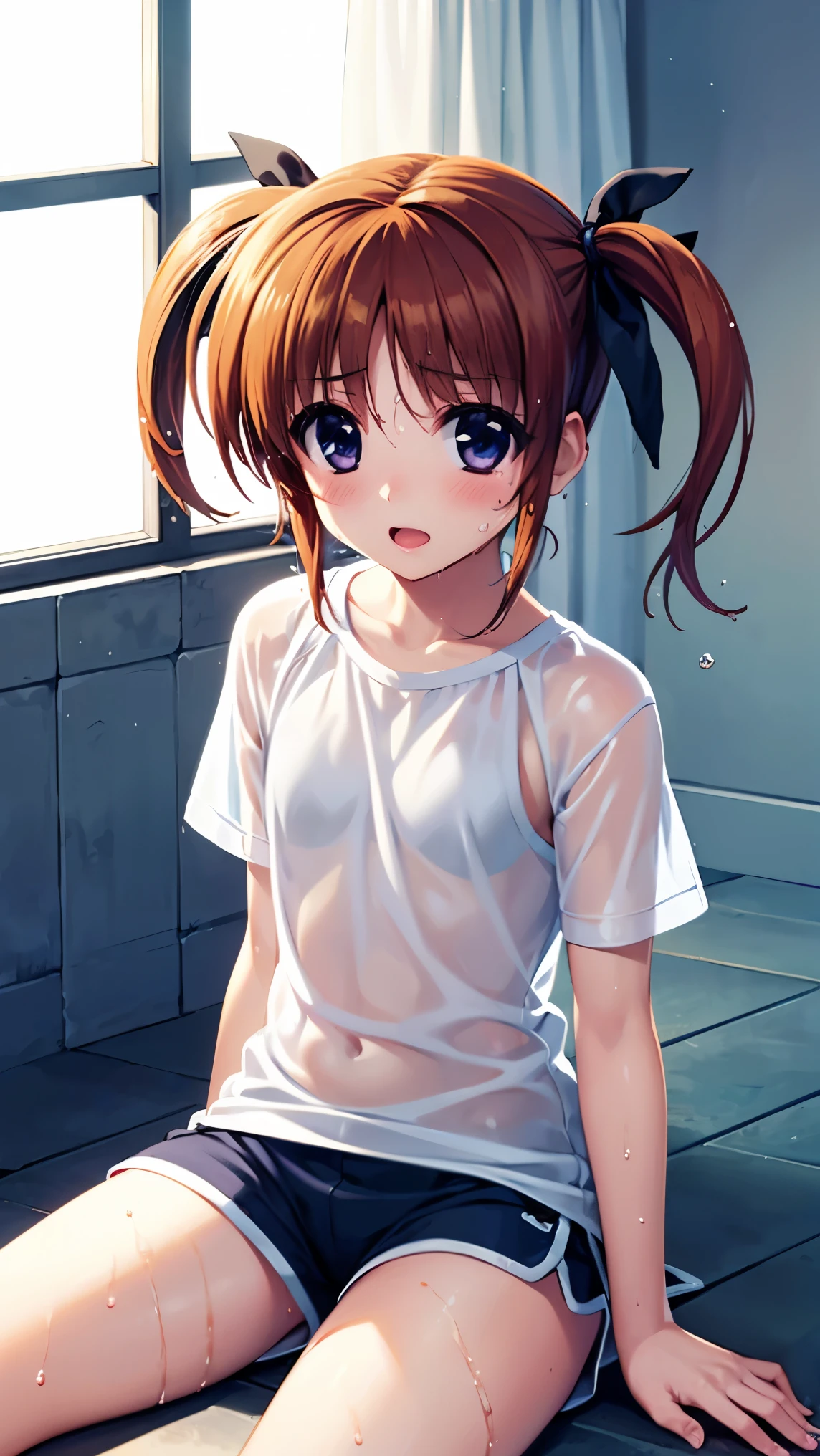 highest quality,best quality,1girl,((((10 years old)))),flat chest,orgasm,blush, sweat, Nanoha Takamachi,twintail,hair ribbon,white shirt,dolphin shorts,((wet,see through:1.1))