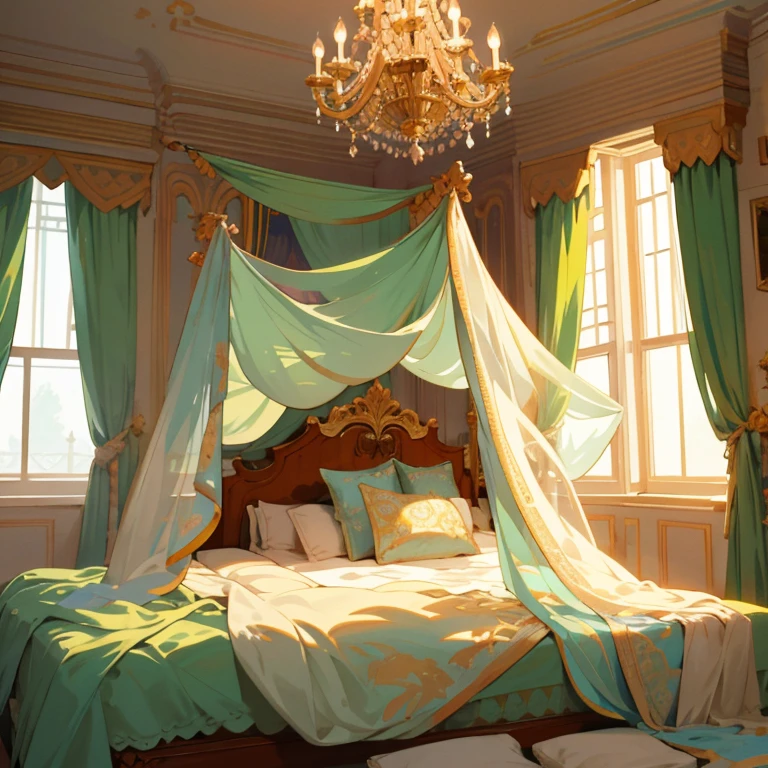 In the tranquil illustration scenery, a grand royal palace stands proudly with its massive white walls. Inside the palace, there lies a cozy wooden bed, adorned with a yellow-green carpet that adds a touch of freshness to the room. Hanging above the bed is a transparent chandelier, casting a gentle light that shimmers on the walls and highlights the intricate patterns of the room. Light blue curtains gracefully drape over the large windows, filtering in soft sunlight and creating an ethereal atmosphere.