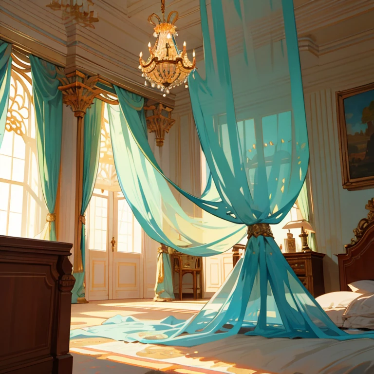 In the tranquil illustration scenery, a grand royal palace stands proudly with its massive white walls. Inside the palace, there lies a cozy wooden bed, adorned with a yellow-green carpet that adds a touch of freshness to the room. Hanging above the bed is a transparent chandelier, casting a gentle light that shimmers on the walls and highlights the intricate patterns of the room. Light blue curtains gracefully drape over the large windows, filtering in soft sunlight and creating an ethereal atmosphere.