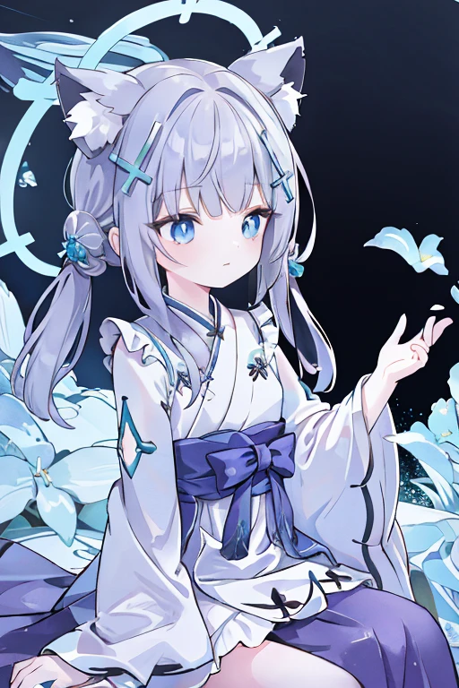 shiroko_bluearchive,beast ears,（masterpiece，Best quality：1.2），Implications，absurd，high resolution，Very detailed，1 ***********，eyes highlights，Hanfu，straight dress，Fluffy short sleeves，Frills，appearance，flowering，fluttering petals，Upper part of the body，（moon：1.2），night，Depth of Field，（:morality：0.8），