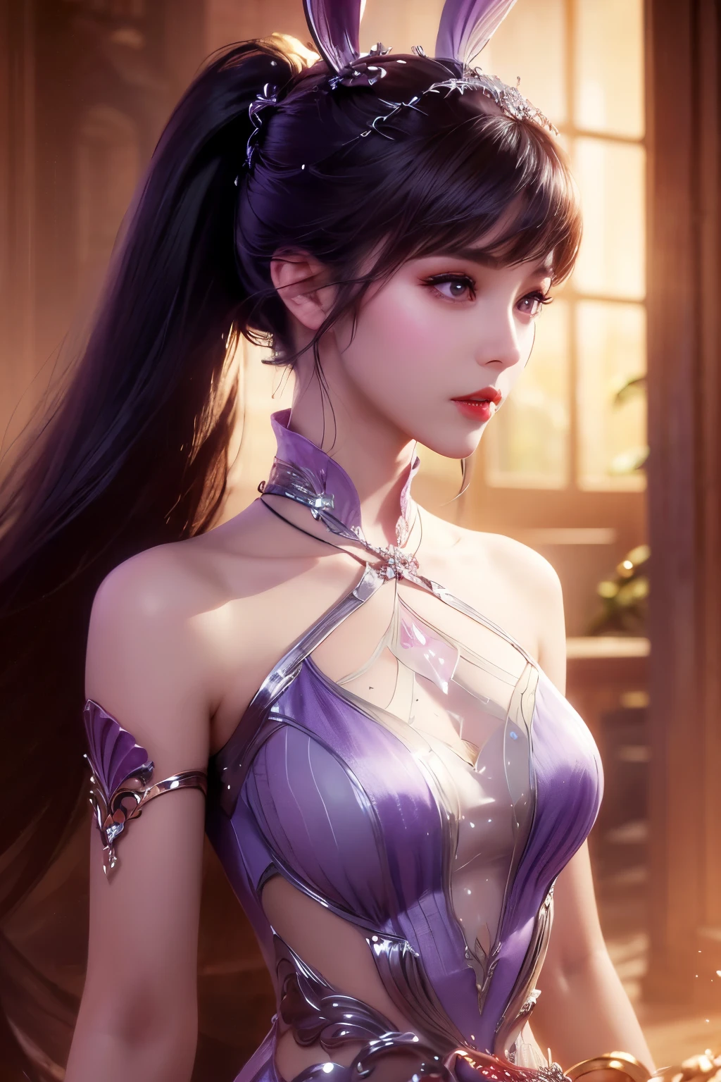 1 very beautiful girl in aozai dress, thin purple silk shirt with many white motifs, white lace top, long bangs and long ponytail in purple platinum, gorgeous hair jewelry, pretty face and cute, flawless face, earring jewelry, light purple bunny ears, neck jewelry, big purple eyes drawn meticulously, meticulous makeup, thin eyebrows, high nose, red lips pretty, no smile, pursed lips, rosy cheeks, wide breasts, big breasts, well-proportioned bust, slim waist, purple mesh socks, Chinese hanfu style, fictional art patterns, vivid colors and legs real , RAW photo, realistic photo, ultra high quality 8k surreal photo, (fantasy light effect: 1.8), 10x pixels, magic effect (background): 1.8), super detailed eyes , beautiful girl upper body portrait, girl alone, ancient hanfu background, looking directly at the audience, wide original photo, 8k quality, super sharp, most detailed and clear picture, bright colors , even light, detailed light background,Beautiful Vietnamese girl wearing ao dai,Thoughtfulness,Personality,Elegance,Kindness,The chest area of the costume is wide open.,
