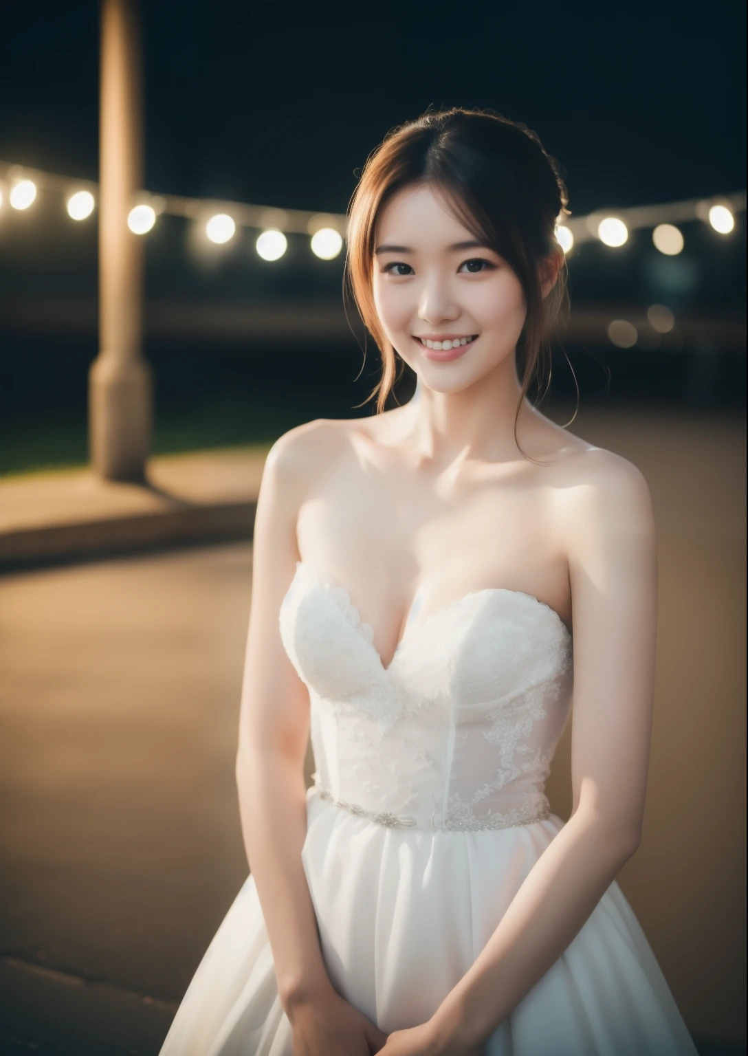 Beautiful 25 year old woman。She is wearing a summer wedding dress. She is smiling on illuminated by the evening church lights . romantic sunset. her dark brown hair. High resolution、masterpiece、highest quality、頭w:1.0、((Hasselblad Photos))、fine skin、(movie lighting)、clavicle . full body picture.