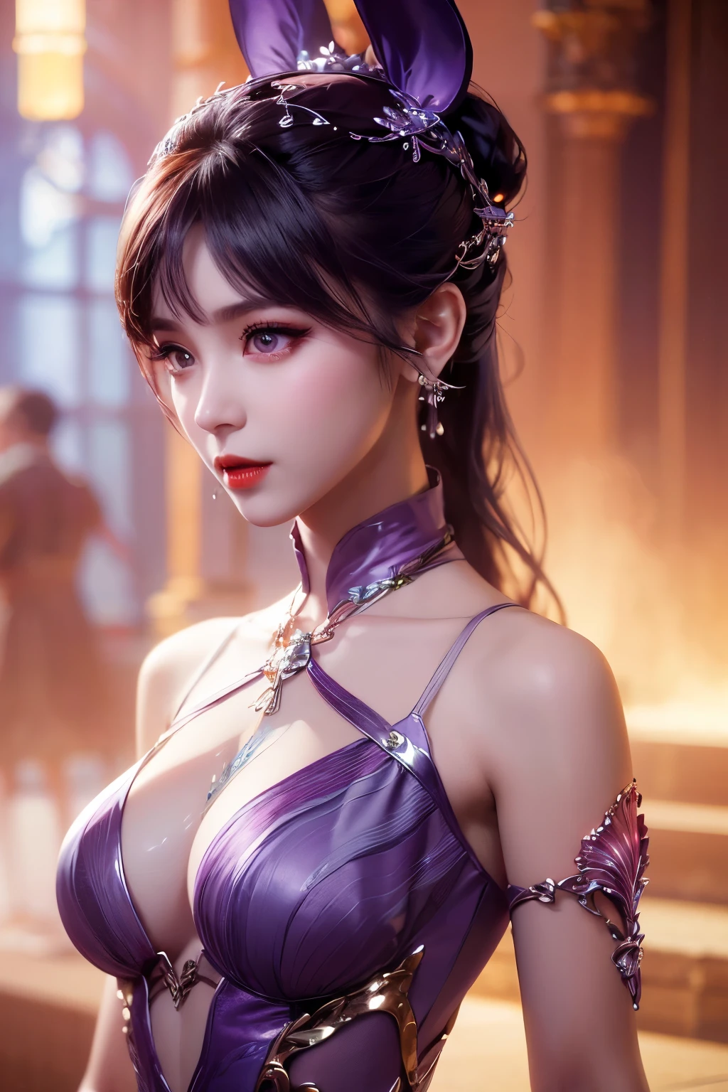 1 very beautiful girl in aozai dress, thin purple silk shirt with many white motifs, white lace top, long bangs and long ponytail in purple platinum, gorgeous hair jewelry, pretty face and cute, flawless face, earring jewelry, light purple bunny ears, neck jewelry, big purple eyes drawn meticulously, meticulous makeup, thin eyebrows, high nose, red lips pretty, no smile, pursed lips, rosy cheeks, wide breasts, big breasts, well-proportioned bust, slim waist, purple mesh socks, Chinese hanfu style, fictional art patterns, vivid colors and legs real , RAW photo, realistic photo, ultra high quality 8k surreal photo, (fantasy light effect: 1.8), 10x pixels, magic effect (background): 1.8), super detailed eyes , beautiful girl upper body portrait, girl alone, ancient hanfu background, looking directly at the audience, wide original photo, 8k quality, super sharp, most detailed and clear picture, bright colors , even light, detailed light background,Beautiful Vietnamese girl wearing ao dai,Thoughtfulness,Personality,Elegance,Kindness,The chest area of the costume is wide open.,