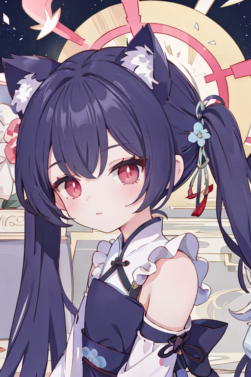 serika_bluearchive,cat ears,（masterpiece，Best quality：1.2），Implications，absurd，high resolution，Very detailed，1 ，eyes highlights，Hanfu，straight dress，Fluffy short sleeves，Frills，appearance，flowering，fluttering petals，Upper part of the body，（moon：1.2），night，Depth of Field，（:morality：0.8），