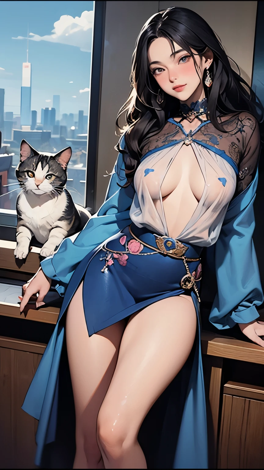 Henryk Plociennik, Louis Wain, Surreal, mysterious, strange, fantastical, fantasy, Sci-fi, Japanese anime, painting the sky with fantasy paints, a beautiful high school girl in a miniskirt, perfect voluminous body, a city of cats standing and walking, detailed masterpiece Hyper realistic sharp focus cinematic lighting depth of field see through transparent shy embarrassed blushing happy seducing provocative real hand coloured drawings