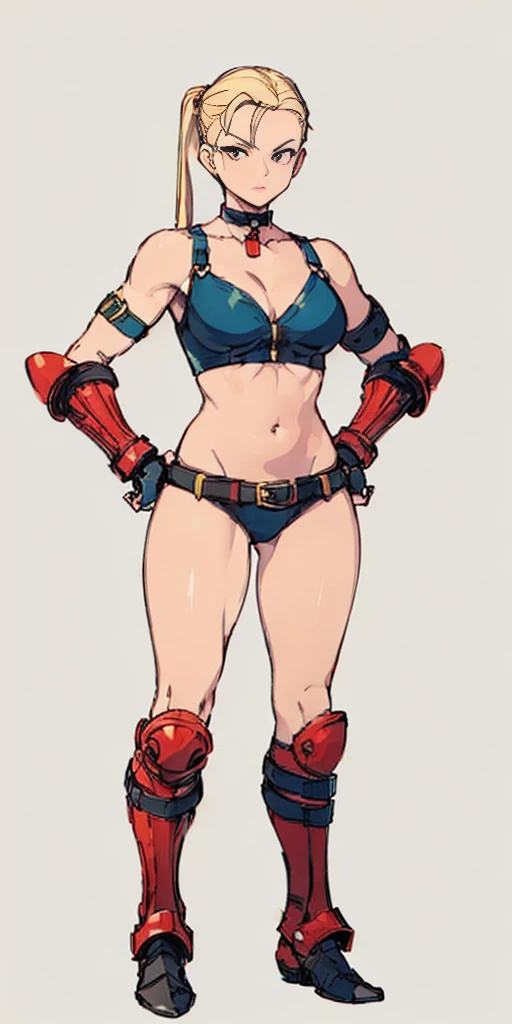 ((Plain background 1:2)) (Cammy White Street Fighter 6) Female full body standing straight symmetrical looking to the viewer RED full body armored (handcuffs, shackles, rerebrace, faulds, poleyn, gauntlets, leather collar choker) big belt under belly button, navel, belt over belly button ((hands on hips))