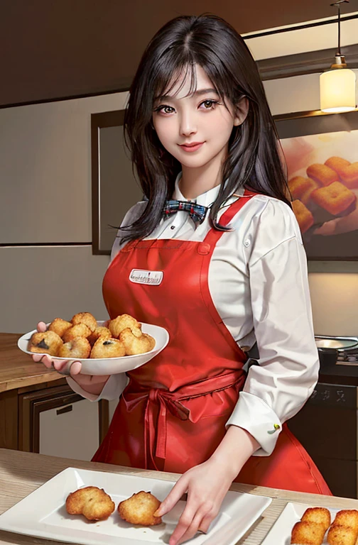 A beautiful young Asian girl wearing a cute plaid apron, with her silky black hair cascading down her shoulders, is the main focus of the image. The girl exudes elegance, radiating grace and charm. Her almond-shaped eyes sparkle with enthusiasm, drawing the viewers' attention. As she presents a product of vacuum-packed chicken nuggets, her gentle smile invites the viewers to discover culinary delights.
To enhance the image, include a nearby table with a plate of cooked chicken nuggets as samples. The nuggets should be showcased in an enticing manner, tempting the viewers with their delicious aroma and mouth-watering appearance.
The image should possess the best quality, with a resolution of 4K or 8K. It should be ultra-detailed and realistic, reflecting the professional nature of the artwork. The lighting should be well-crafted, with studio lighting techniques applied to accentuate the girl's features.
To enhance the overall aesthetic, incorporate vivid colors that complement the scene. The color palette should be warm and inviting, emphasizing the appetizing nature of the chicken nuggets.
In terms of style, the image should be reminiscent of a food advertisement or a culinary concept art. The goal is to showcase the girl and the chicken nuggets in an appealing and visually captivating manner.