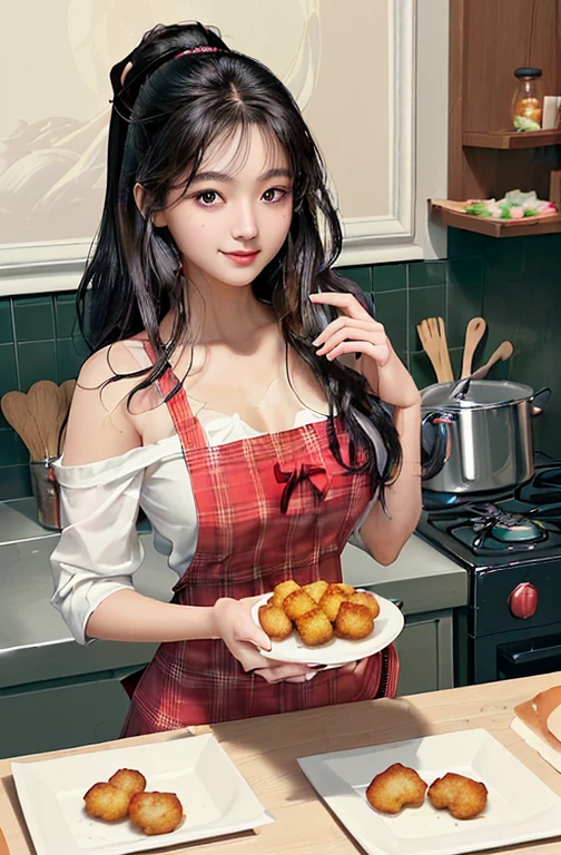 A beautiful young Asian girl wearing a cute plaid apron, with her silky black hair cascading down her shoulders, is the main focus of the image. The girl exudes elegance, radiating grace and charm. Her almond-shaped eyes sparkle with enthusiasm, drawing the viewers' attention. As she presents a product of vacuum-packed chicken nuggets, her gentle smile invites the viewers to discover culinary delights. 

To enhance the image, include a nearby table with a plate of cooked chicken nuggets as samples. The nuggets should be showcased in an enticing manner, tempting the viewers with their delicious aroma and mouth-watering appearance.

The image should possess the best quality, with a resolution of 4K or 8K. It should be ultra-detailed and realistic, reflecting the professional nature of the artwork. The lighting should be well-crafted, with studio lighting techniques applied to accentuate the girl's features. 

To enhance the overall aesthetic, incorporate vivid colors that complement the scene. The color palette should be warm and inviting, emphasizing the appetizing nature of the chicken nuggets. 

In terms of style, the image should be reminiscent of a food advertisement or a culinary concept art. The goal is to showcase the girl and the chicken nuggets in an appealing and visually captivating manner.