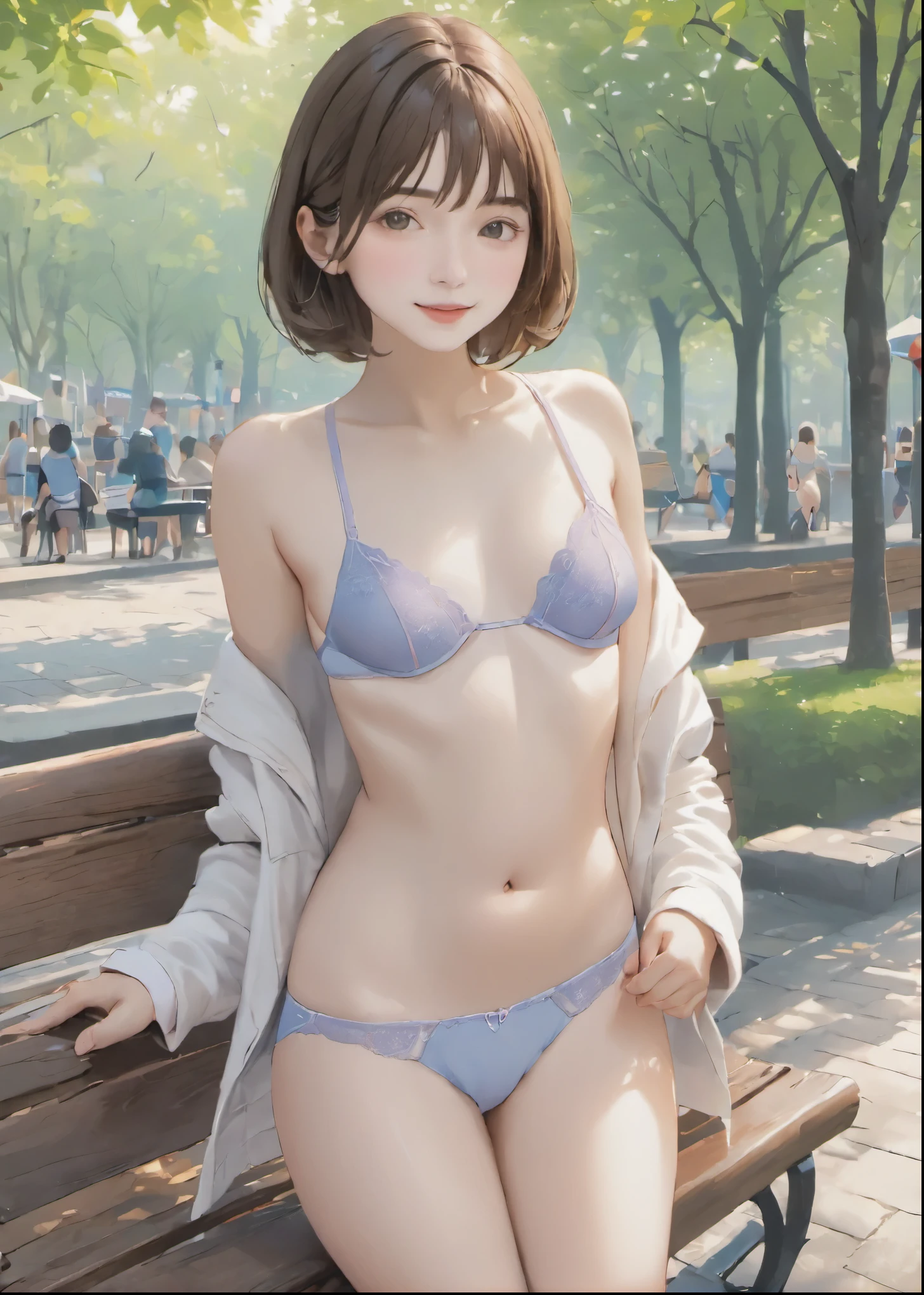 ((photorealistic background:1.5)),((Gravure idol pose:1.5)), (Small breasts:1.1), On a park bench, cute, Little, ergarteners, 5 heads, , (masterpiece, highest quality, 4K:1.2), ((One girl;1.3)), ((alone:1.0)), Beauty, cute, ((Sexy Underwear:1.3)), ((Thin panties:1.3)) , 