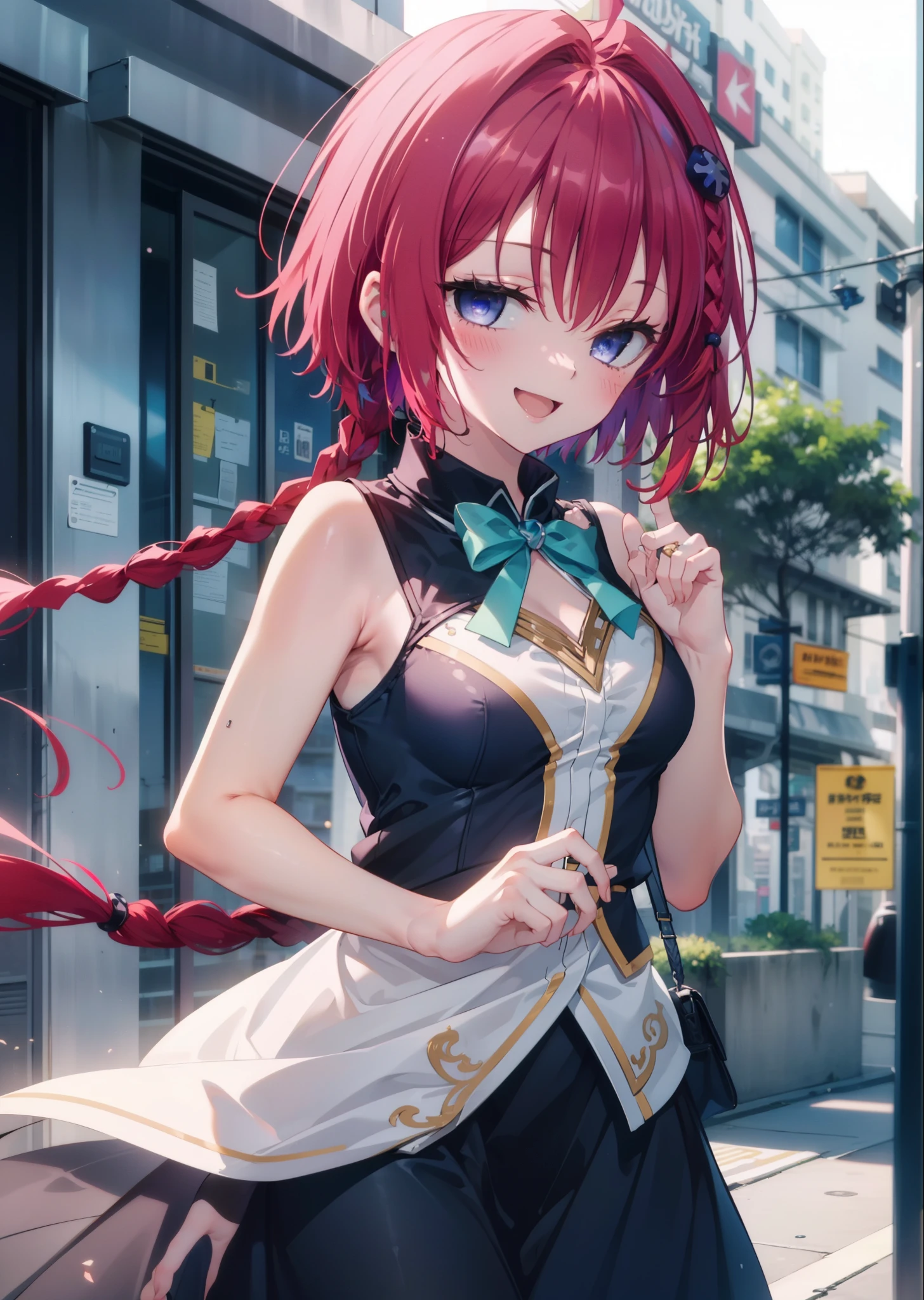 (masterpiece, highest quality:1.2),shape,8k,High resolution,kurosaki mea,Cowboy Shot,As if your whole body is in the illustration,1 girl,happy smile, smile, Open your mouth,Red hair,Long braids,Upper Body,(Portraiture:1.2),hair ornaments,smile,Purple eyes,Medium Chest,White Hair Band,ponytail,Sleeveless dress,Long skirt,Cute Sandals,happy smile, smile, Open your mouth,smile,blush, Building district (Cowboy Shot:1. 5),(masterpiece:1.2), highest quality, High resolution, unity 8k wallpaper, (shape:0.8), (Beautiful and detailed:1.6), Highly detailed face, Perfect lighting, Extremely detailed CG, (Perfect hands, Perfect Anatomy),