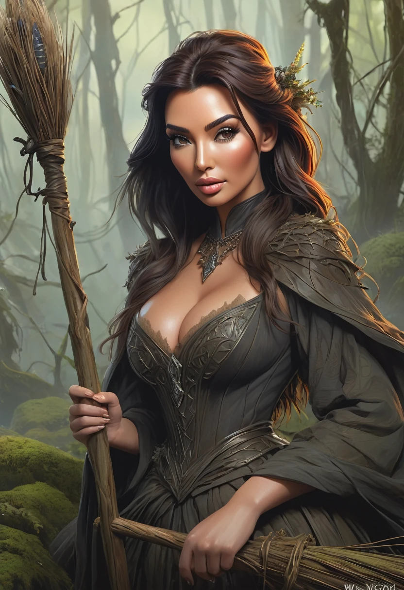 A Bog Witch. Kim Kardashian And Eleanor Tomlinson. Official Art, Award Winning Digital Painting, Digital Illustration, Extreme Detail, 4k, Ultra Hd, Rococo, Polished, Intricate, Realistic Fantasy Art, Sharp Focus, Concept Art, Art By Wlop, Artgerm, (2d Vector Illustration)
