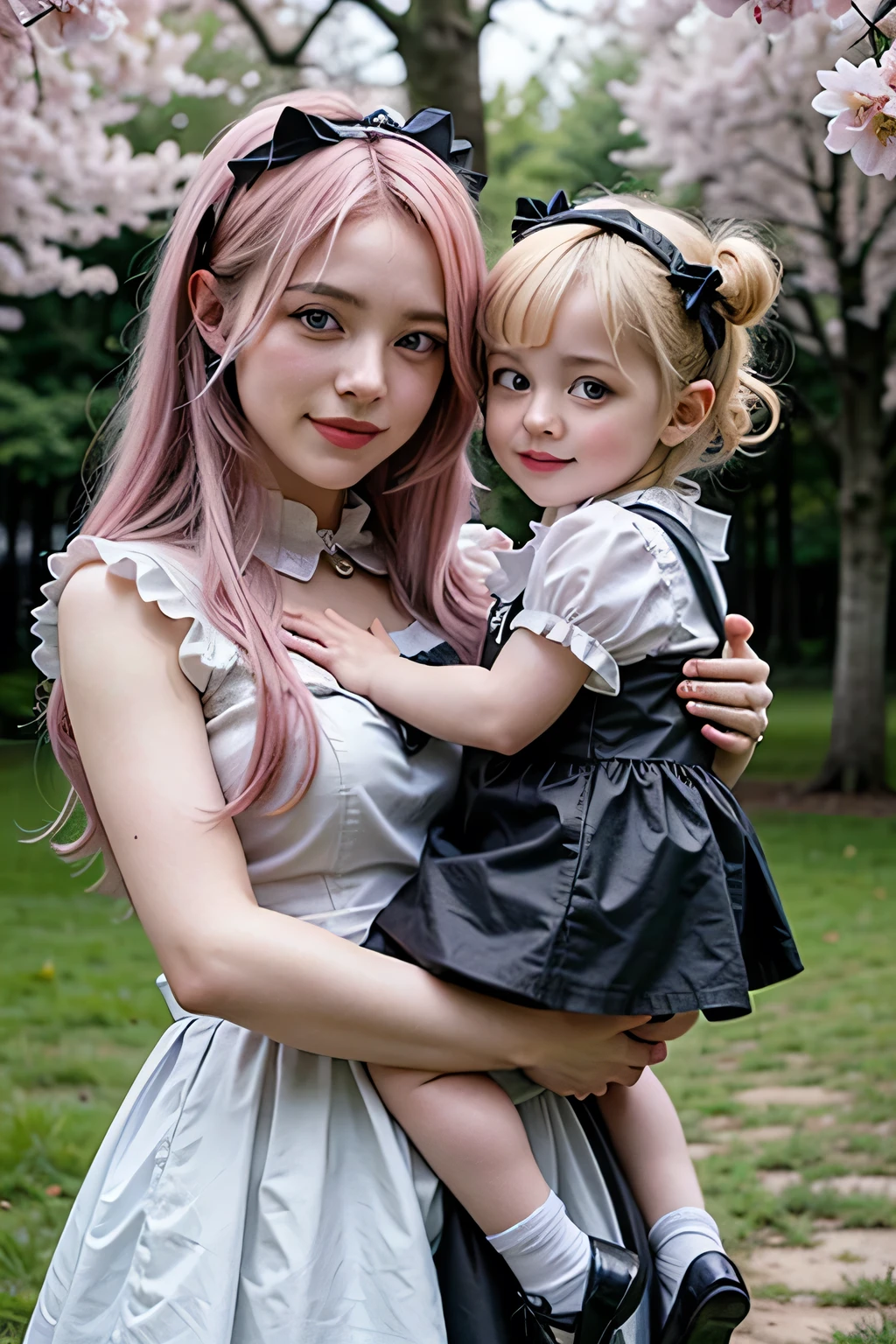 A 20-year-old female maid and a ***************, 20-year-old woman wearing traditional maid uniform, The *************** is wearing a light blue dress., 6 year old girl wearing ribbon headband, 20 year old women wear heavy makeup, Beautifully detailed face, A 20-year-old woman has a bun hairstyle, Natural sunlight, A 20-year-old woman is wearing glasses, They are standing under a cherry tree, Professional family photos, 6 year old girl laughing, The two are very natural. The 20-year-old woman is 170cm tall., Anatomically correct body, A *************** is 100cm tall, 20 year old woman has purple hair, 20 year old woman hugging, Red lipstick, A 20-year-old woman is wearing a black skirt with frills, Chic pumps, *************** has twin tails, 20 year old woman in garter belt and white stockings, They are both smiling., A 20-year-old woman is holding a *************** in her arms, Face Shot, Draw two faces in detail, The *************** is wearing a long skirt, The *************** has a very young face., Anatomically correct number of hands, The *************** has blonde hair., A *************** rests her cheek against the chest of a 20-year-old woman., Anatomically correct leg shaping, The two of them are beneath a magnificent row of cherry blossom trees.,