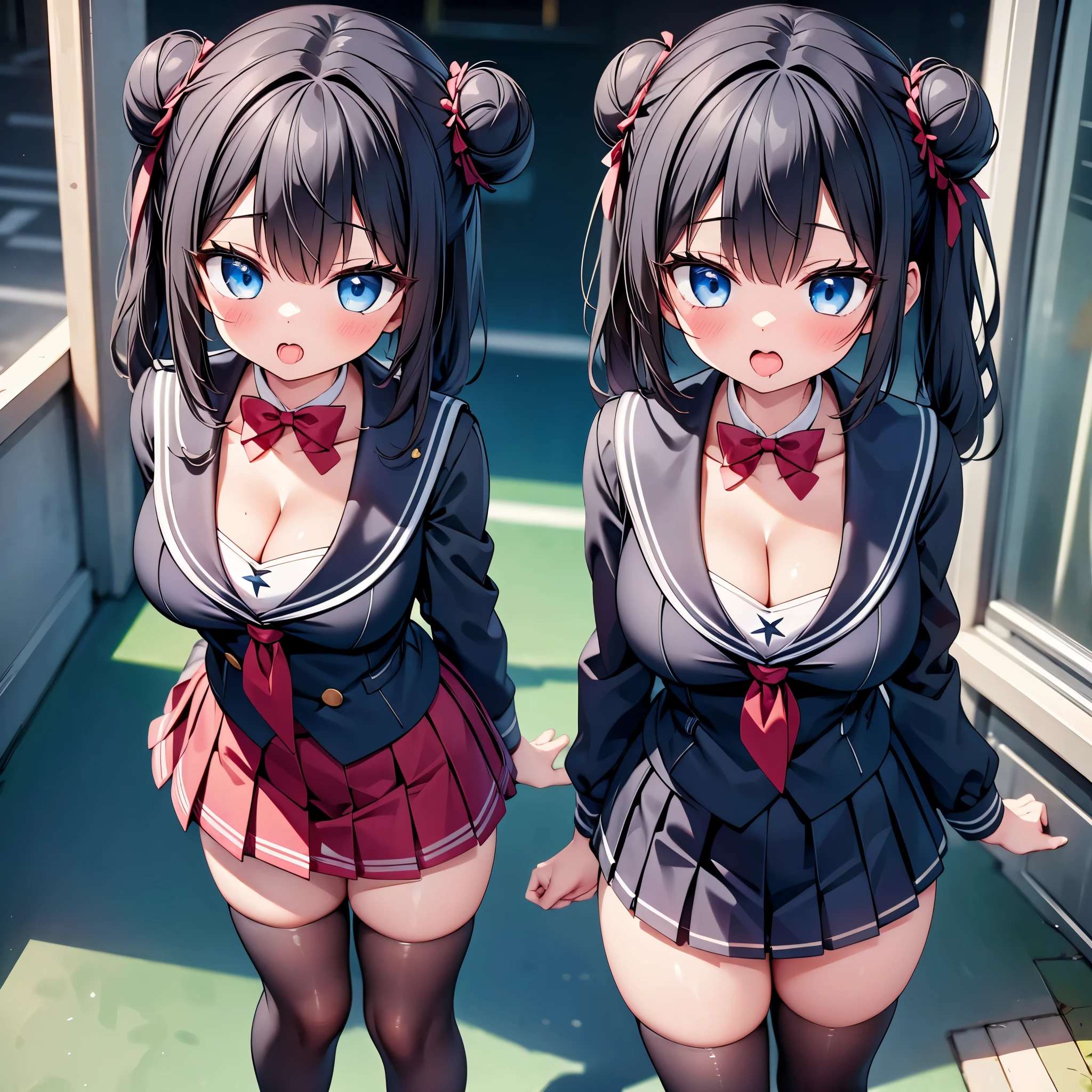 highest quality,wonderful,finely,extremely detailed CG Unity 8K wallpaper, (2 Girls,Black Hair, Blue Eyes,double bun), (medium breast), (sailor uniform:1.1), (cleavage cutout:1.3), (open mouth:1.2), (long tongue:1.2), (mouth drool:1.2), (black stockings:1.1),(Thighs),(Waistline),(standing:1.2),(written boundary depth)
