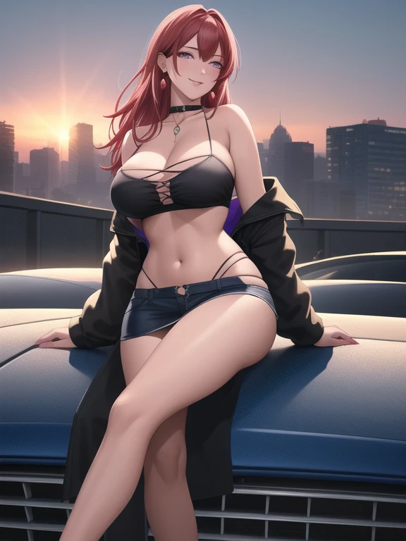 (high quality:1.2), masterpiece, ultra high quality, intricate detailed, digital art, TakashiroHiroko, 1girl, mature female, solo, hand on lips, crossed legs, seductive, tanned skin tone, full body shot, looking at viewer, smile, blush, purple eyes, long hair, red hair, long earrings, jewelry, velvet choker collar, lace off shoulder black crop top, blue denim micro mini skirt, flip flops, red eyeshadow, curvy, large breasts, cleavage, car wash , window, dark sky, sunlight, city, complex background, sunset, (Best quality, Ultra-detailed, Anime Pictures, Game CG, art cg, Photorealistic, Movie lighting, perfect shadow, realistic lighting shaded, Unity 8k wallpaper), Hiroko Takashiro, Perfect eyes, Perfect face, nose blush, detailed feet, view the viewer,Sexy pose, standing up,
