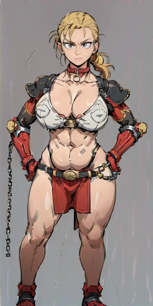((Plain background 1:2)) (Cammy White Street Fighter 6) Female full body standing straight symmetrical looking to the viewer RED full body armored (handcuffs, shackles, rerebrace, faulds, poleyn, gauntlets, leather collar choker) big belt under belly button, navel, belt over belly button ((hands on hips))
