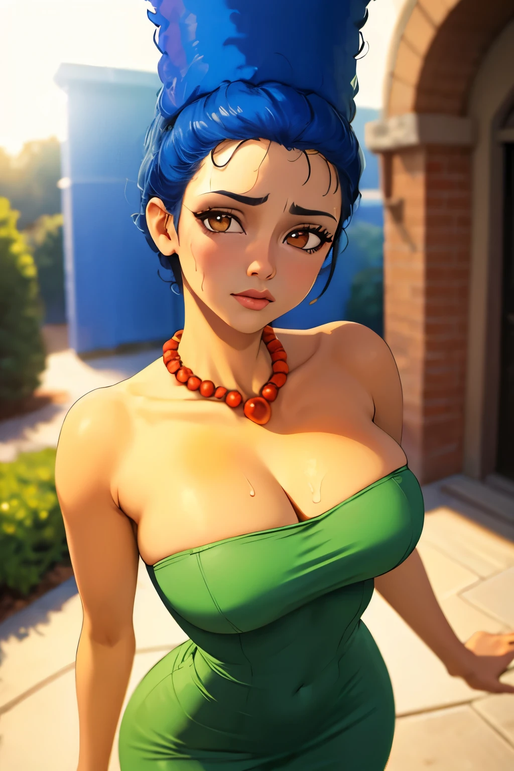 masterpiece, best quality, outdoors, lens flare, depth of field, 1girl, solo, looking at viewer, breasts, margesimpson, yellow skin, Brown eyes,  afro, big hair, necklace, pearl necklace, strapless dress, green dress, cowboy shot, sweat