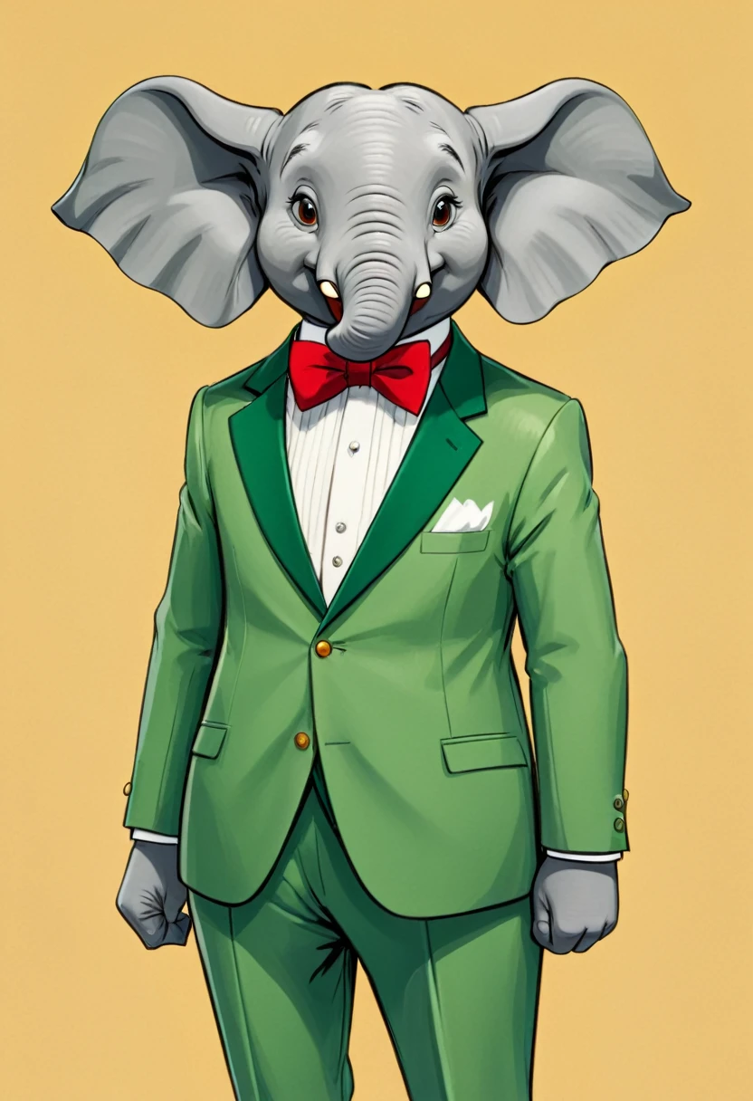 Babar The Elephant In The Style Of Laurent De Brunhoff. The Anthropomorphic Elephant In A Green Suit And Red Bowtie.
